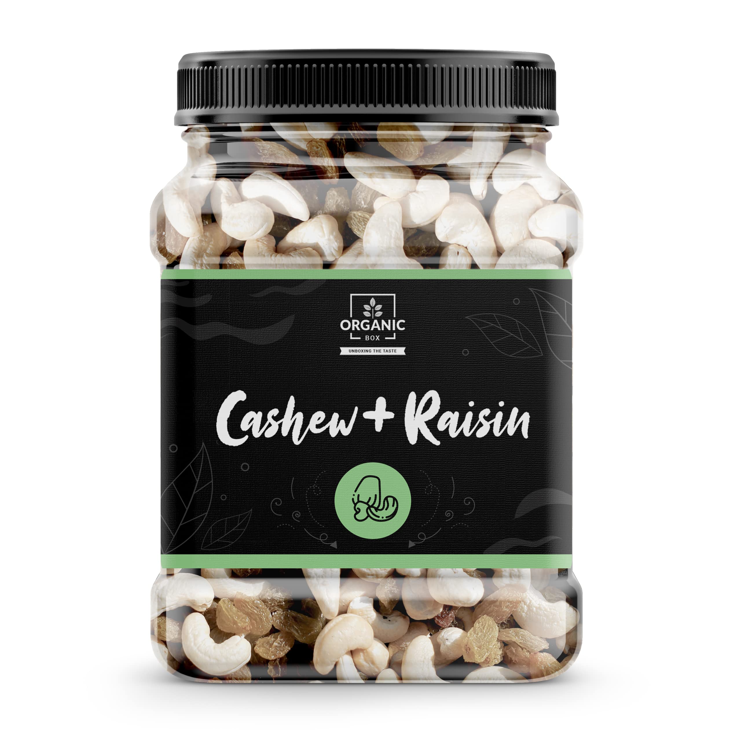 Organic Box 100% Natural Premium Cashew Nuts Kaju Whole Kernels and Healthy Dry Fruit Seedless Green Raisins Kishmish, 500 Gram