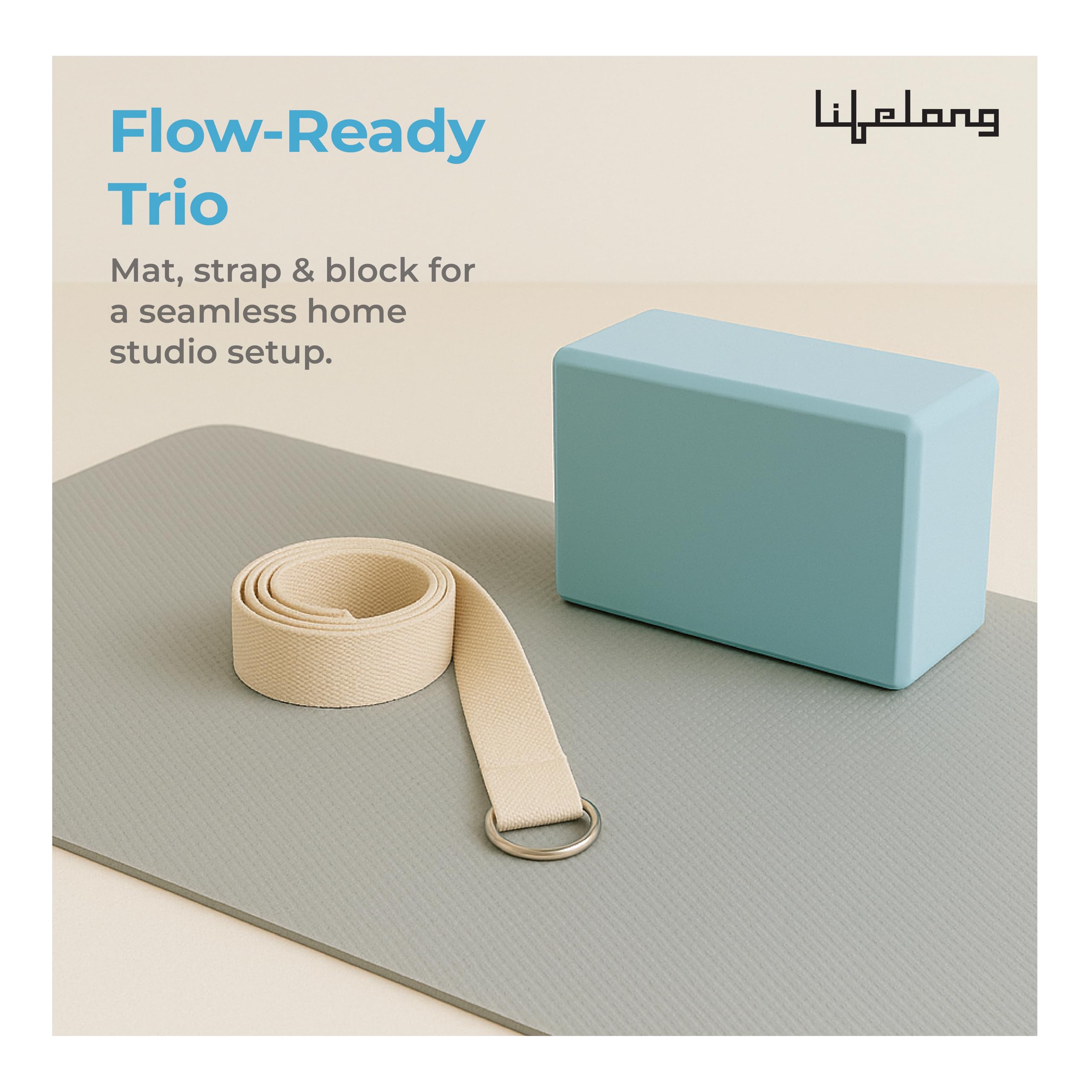 Lifelong Yoga Combo Set: 4mm Mat, 6ft Belt, Block for Men & Women 1