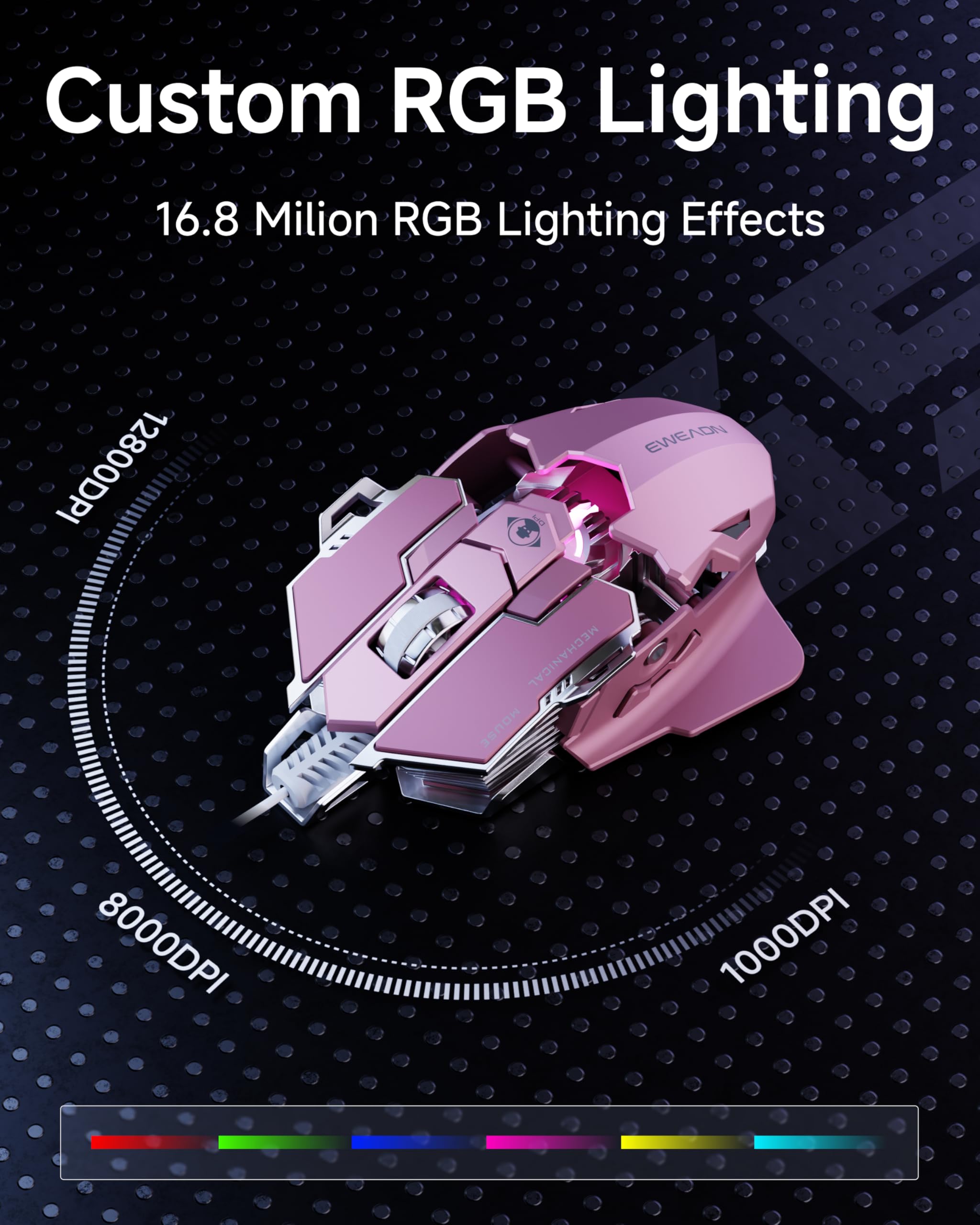 SEUNKWANG EWEADN G5 Mouse da gioco cablato, mouse ergonomico RGB per computer, DPI regolabile 12800, 9 pulsanti macro programmabili con tasto Rapid Fire, compatibile per PC/laptop/Windows, rosa