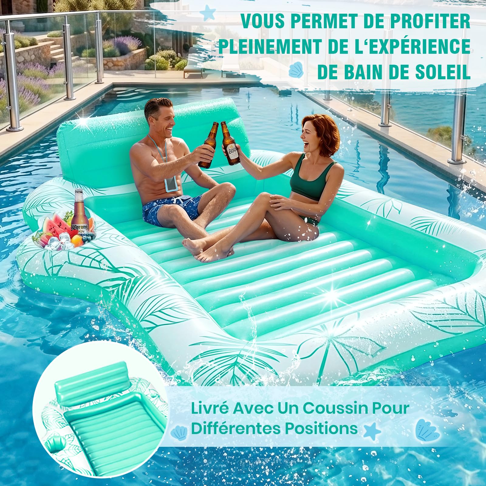 Charmofun Double Piscine de Bronzage Gonflable, 230 * 180 cm Matelas Gonflable Bronzage Tanning Pool avec Bac à Glaçons & Pochette Étanche, Matelas Eau Bronzage pour Adultes Jardin Plage Piscine