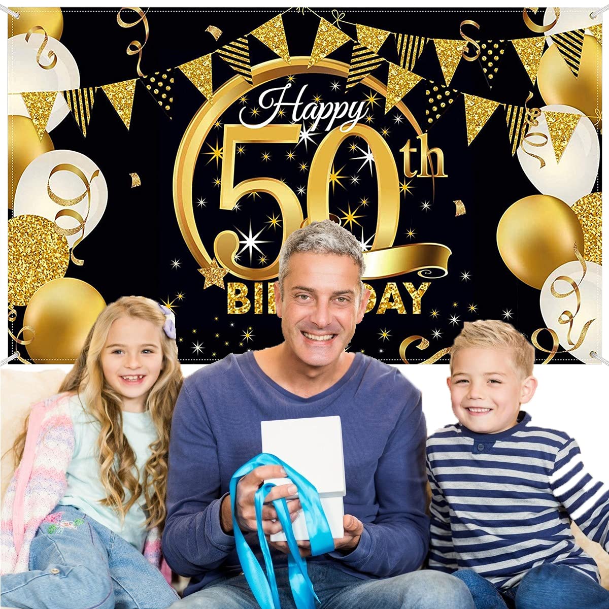 Banner 50° Anniversario Matrimonio - 180x115 Cm, Nero/Oro, Decorazione Feste E Sfondo Foto - Foto 6