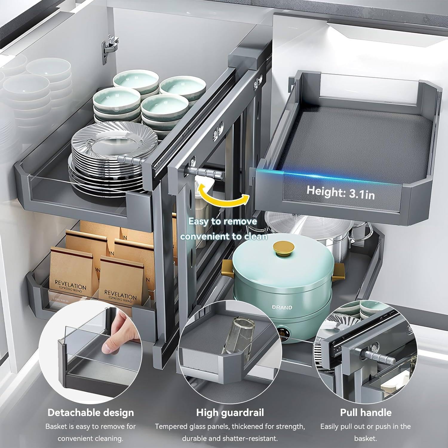 Extraíble ciego esquina organizador con 2 niveles y 4 estantes cestas de metal para cocina o baño almacenamiento optimizado ahorra espacio fácil acceso.