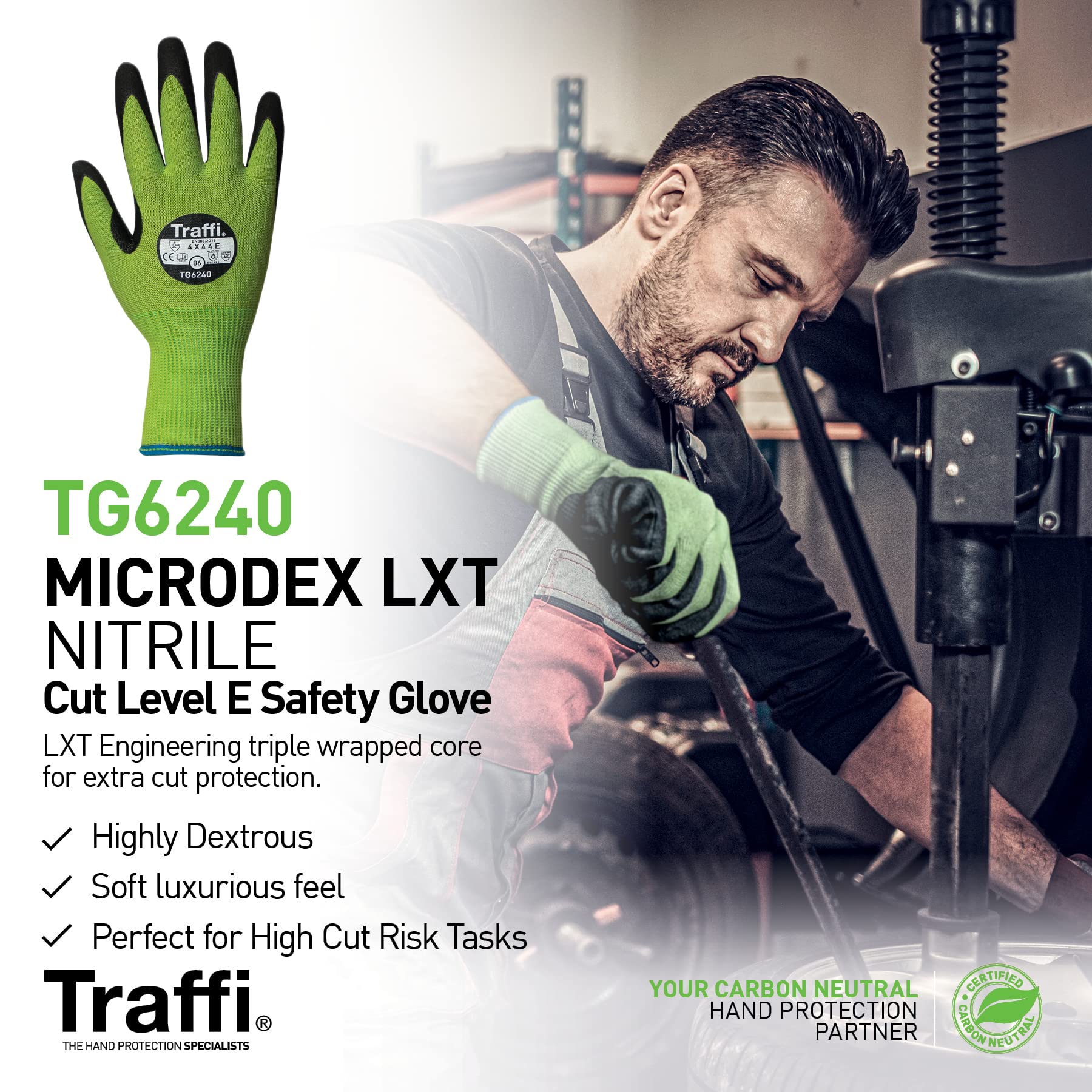 Traffi TG6240 Microdex - Guantes de nitrilo (nivel E, 8 tamaños, 10 unidades), color verde