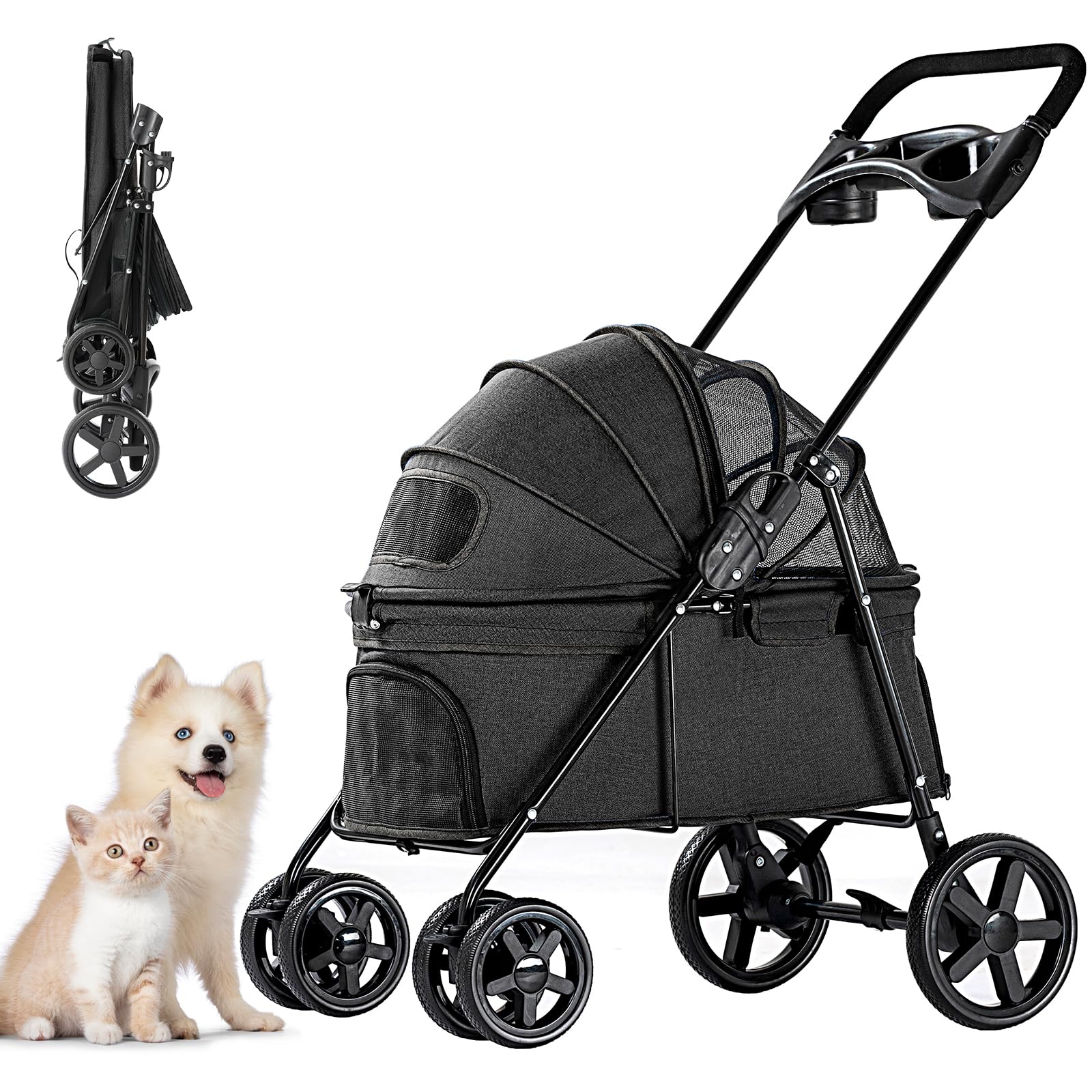 Poussette pour Chien Pliable jusqu'à 15kg - Véhicule Léger Compact pour Transport Sécurité, Promenade Voyage (Noir)