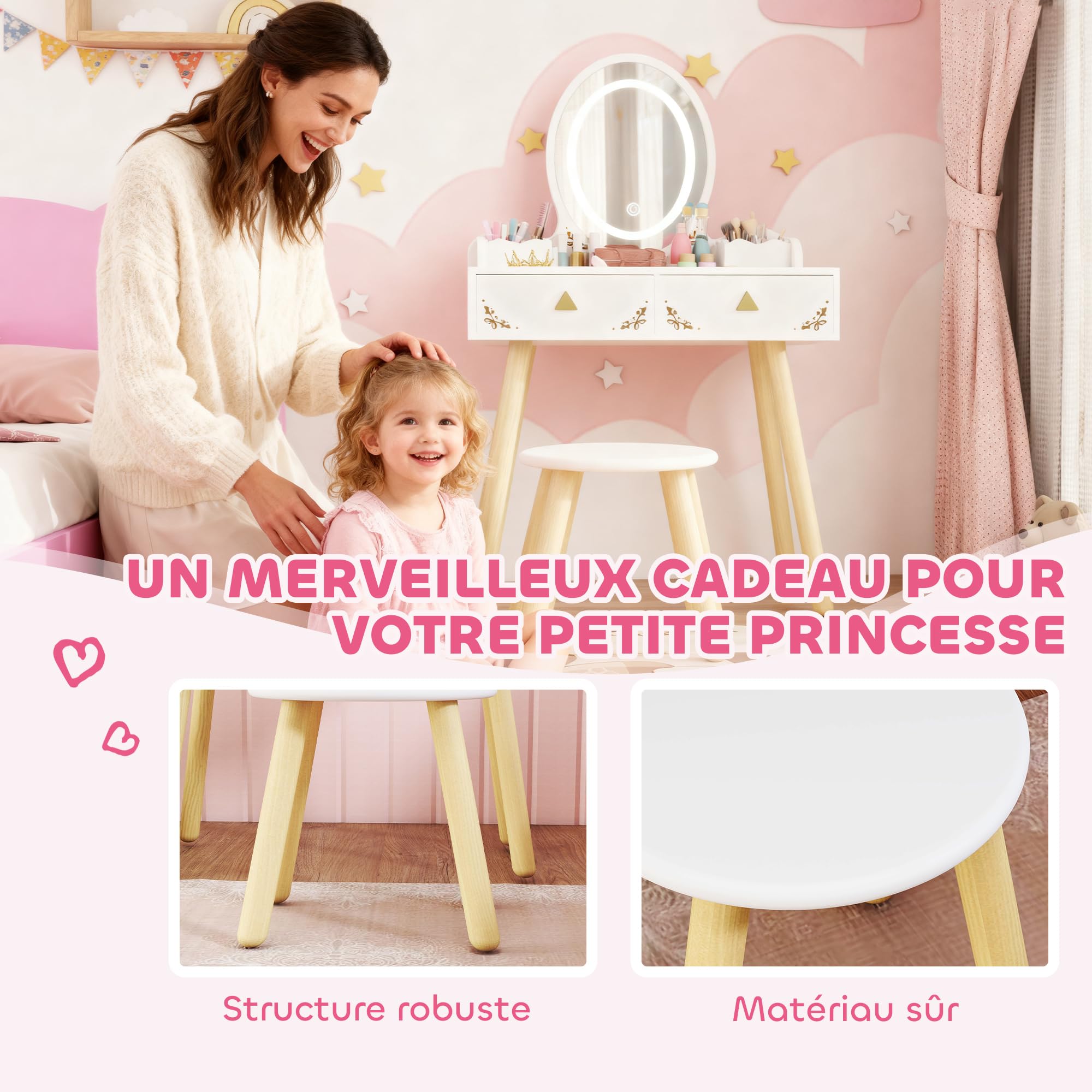 AIYAPLAY Coiffeuse Enfant en Bois 2 en 1, Bureau Enfant Fille avec Miroir à LED 3 Couleurs et Tabouret, Table de Maquillage avec 2 tiroirs et 2 casiers de Rangement Amovibles, 60x30x99,3cm, Blanc