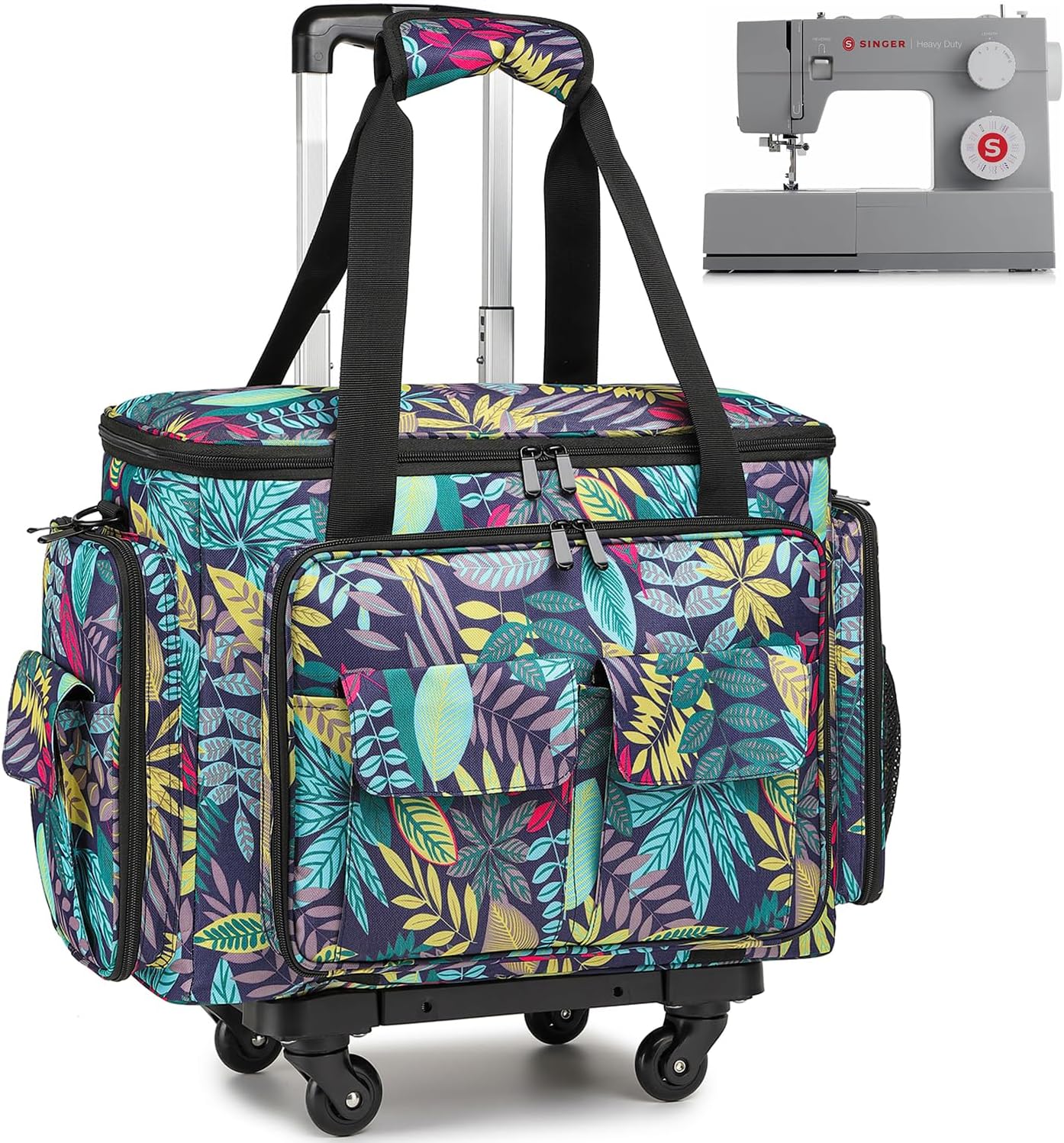 Sewing Machine Case with Wheels - Rolling Sewing Machine Tote with Removable Bottom Pad & Multiple Storage Pockets, Compatible with Singer & Brother (Floral)