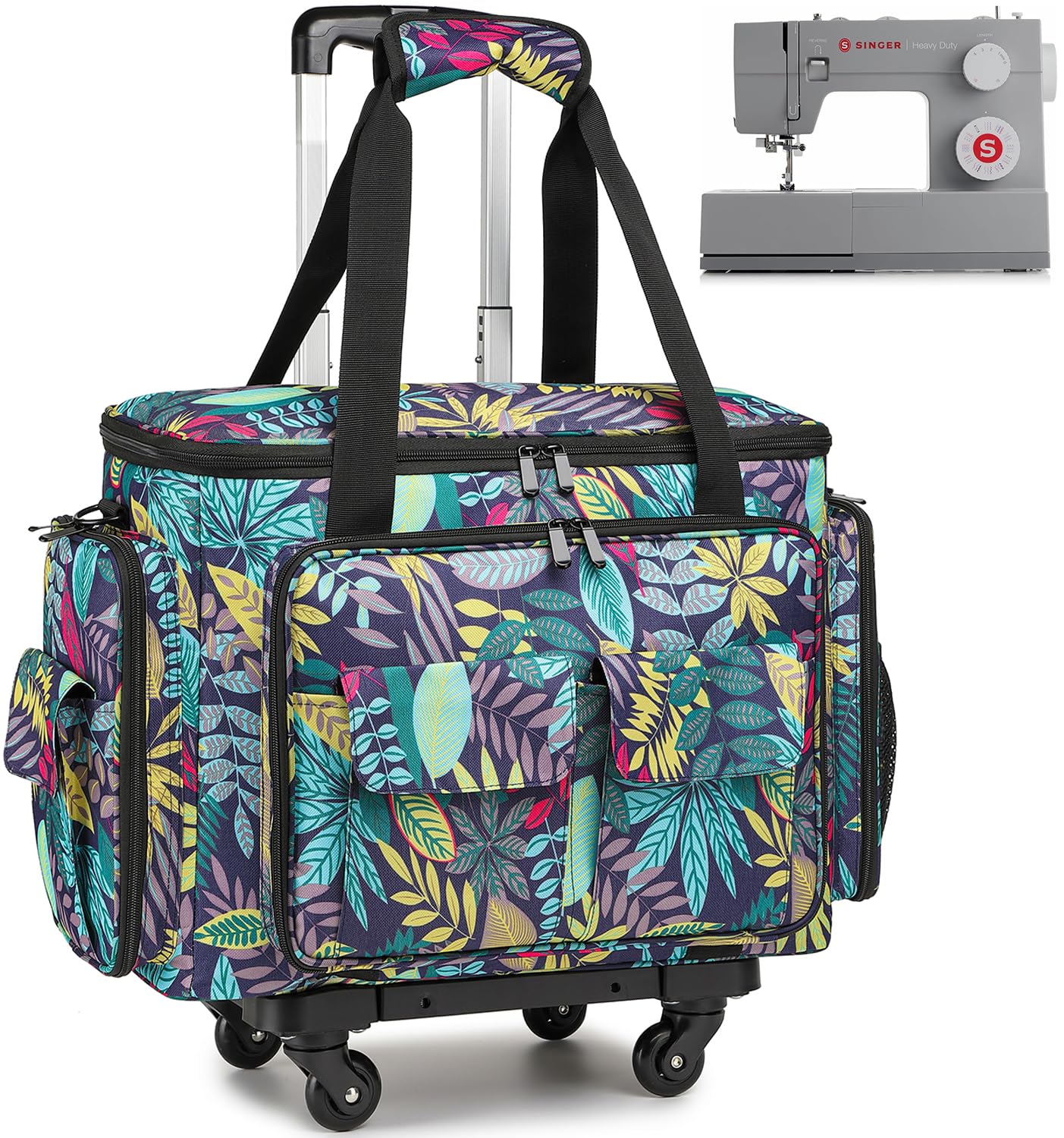 Nähmaschinenkoffer mit Rollen, Rolltasche für Nähmaschinen mit abnehmbarem Bodenpolster und Mehreren Aufbewahrungstaschen, kompatibel mit Singer und Brother, Blumenmuster mit Trolley, 17.3 x 9 x 13.4