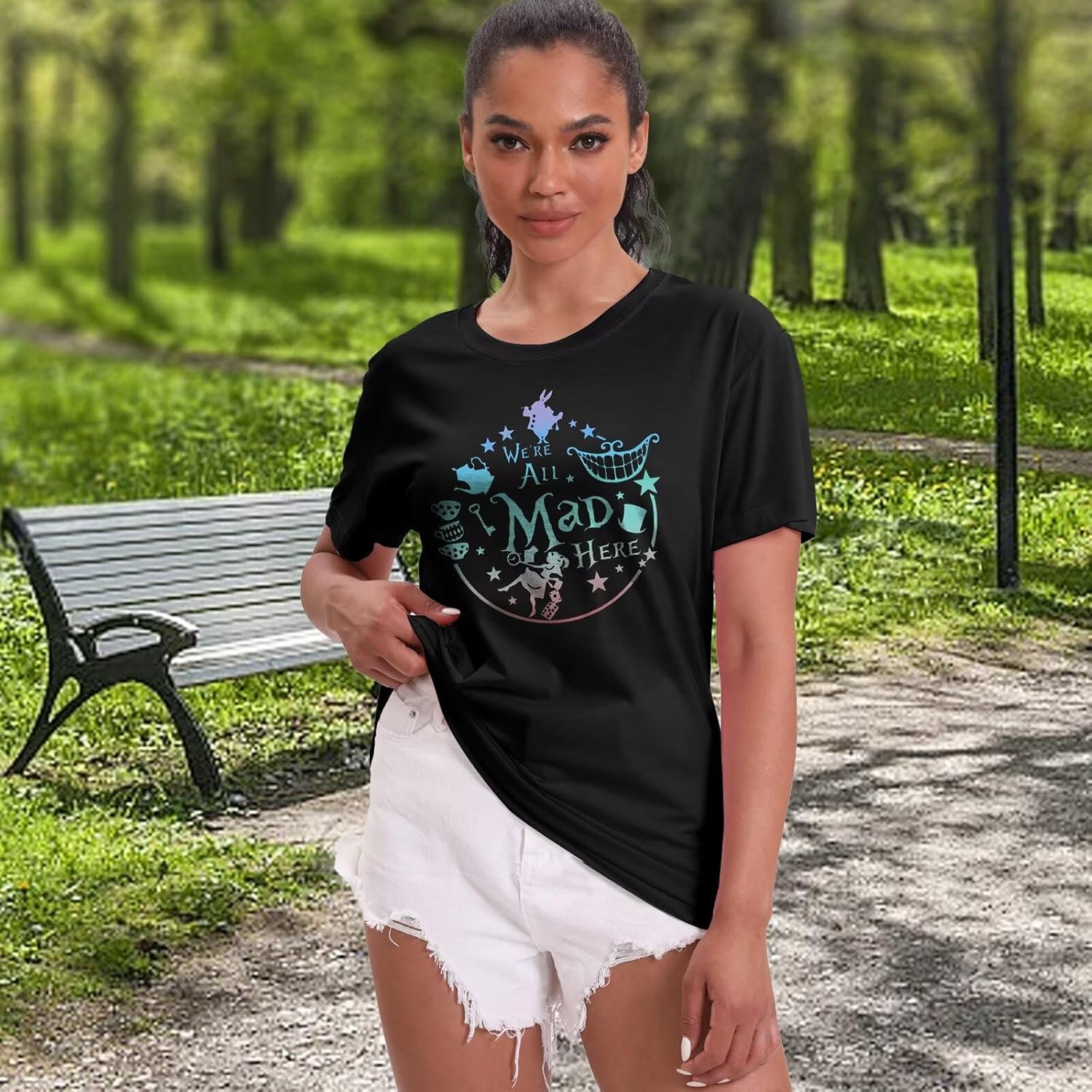 Women's Cute Graphic Tees We're All Mad Here Printed Shirts Summer Vacation Shirts Vintage Magic Short Sleeve Top - Image 3