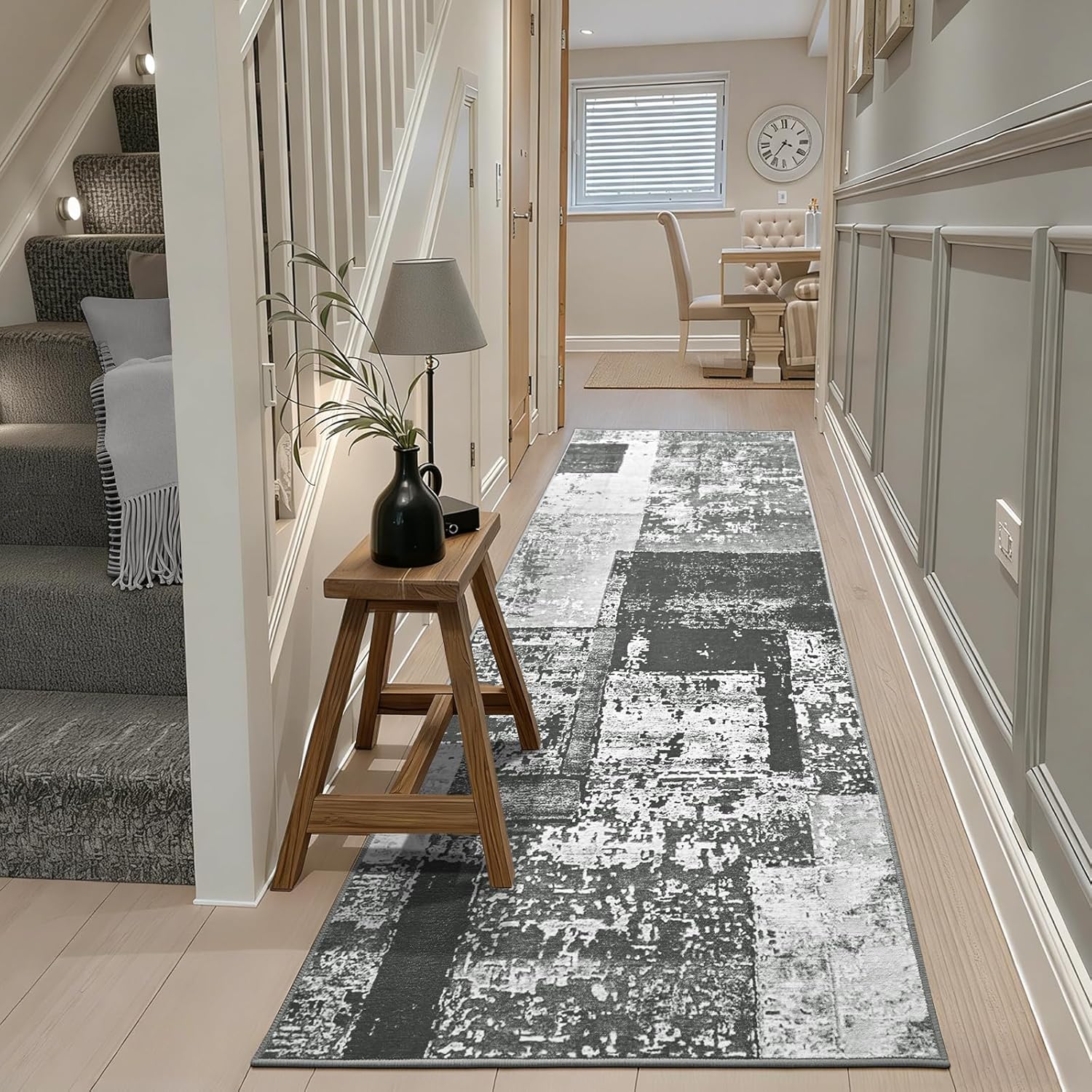 LOCHAS Washable Runner Rugs for Hallway, 2x6 Non Sip Kitchen Rug Runner for Bedroom Entryway Laundry Room, Long Abstract Runner Carpet for Bedside Floor, Black Grey Geometric Vintage Decor