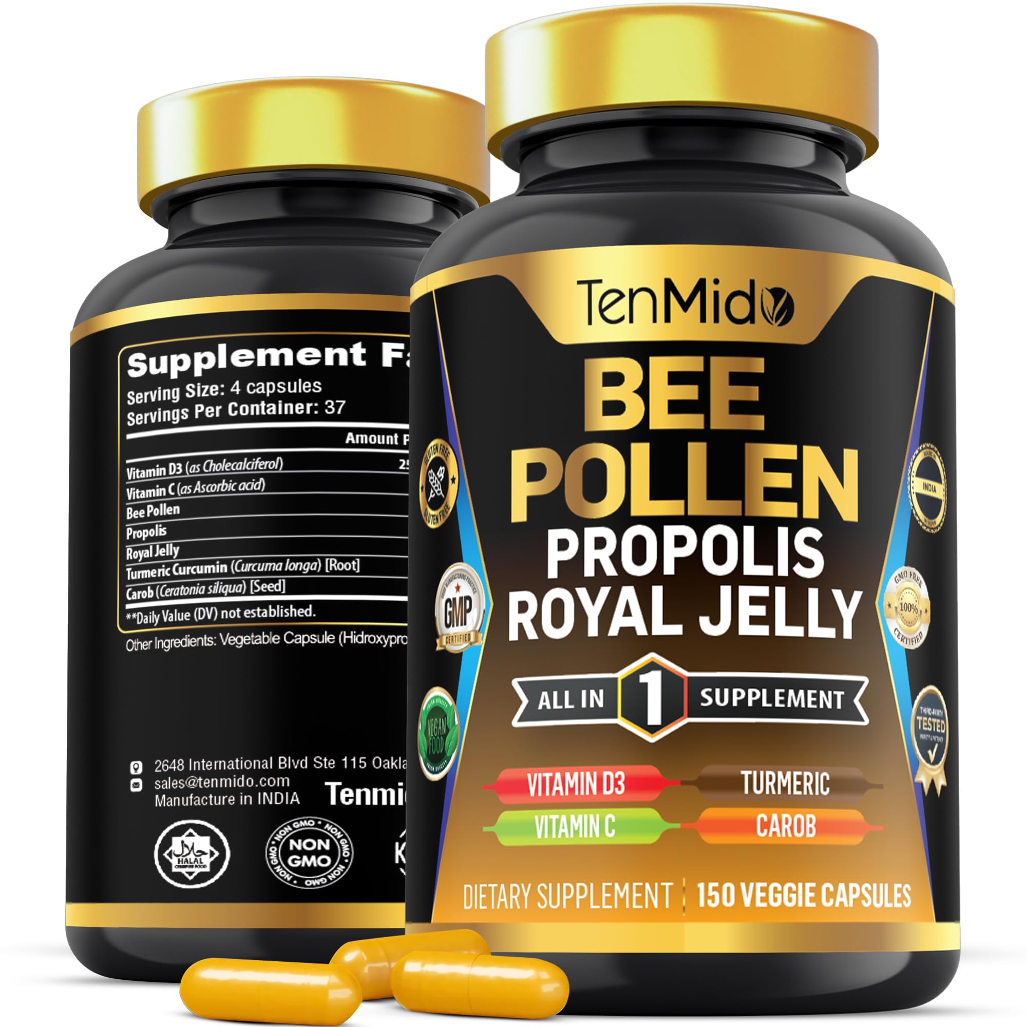 Bee Pollen Capsules for Men and Women, 7-in-1 Formula with Propolis, Royal Jelly, Turmeric, Carob & More - Energy, Immune, Digestive Support - Rich in Nutrient, Vitamins - 150 Capsules