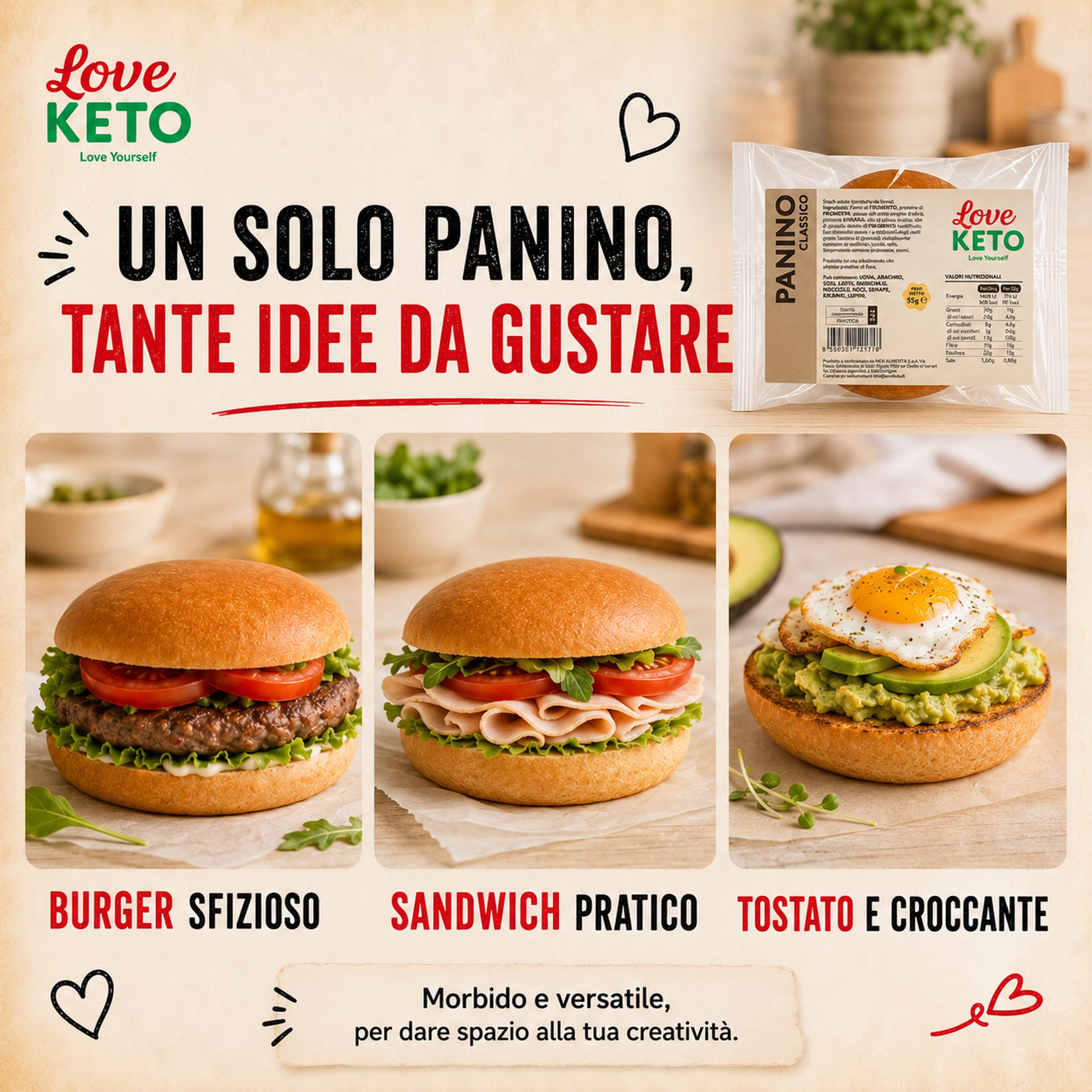 Pane keto proteico Low Carb, 30 Panini Keto da 55 g - Made in Italy