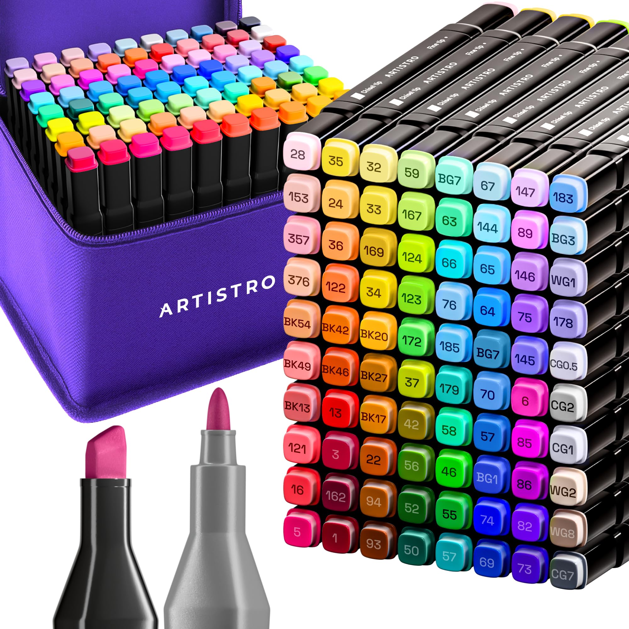 ARTISTRO 80 Dual-Tip Alcohol Markers - Alcohol-Based Pens Set, Chisel + Fine Tip, Quick Dry, Carrying Case Included