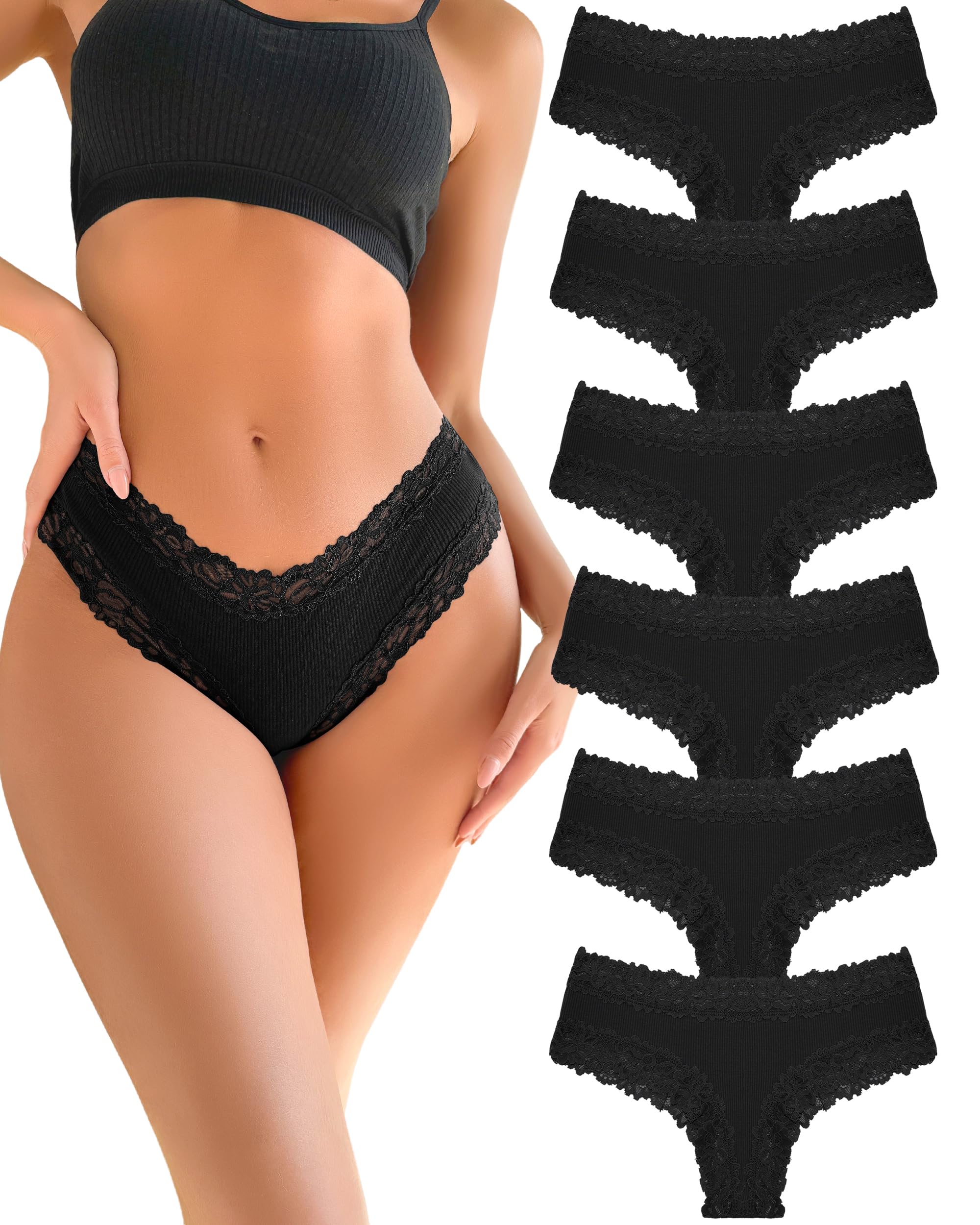 FINETOO Unterhosen Damen Baumwolle Spitze Brazilian Slip Damen Sexy Unterwäsche Frauen Atmungsaktiv Pantys Hipster Mehrpack 6