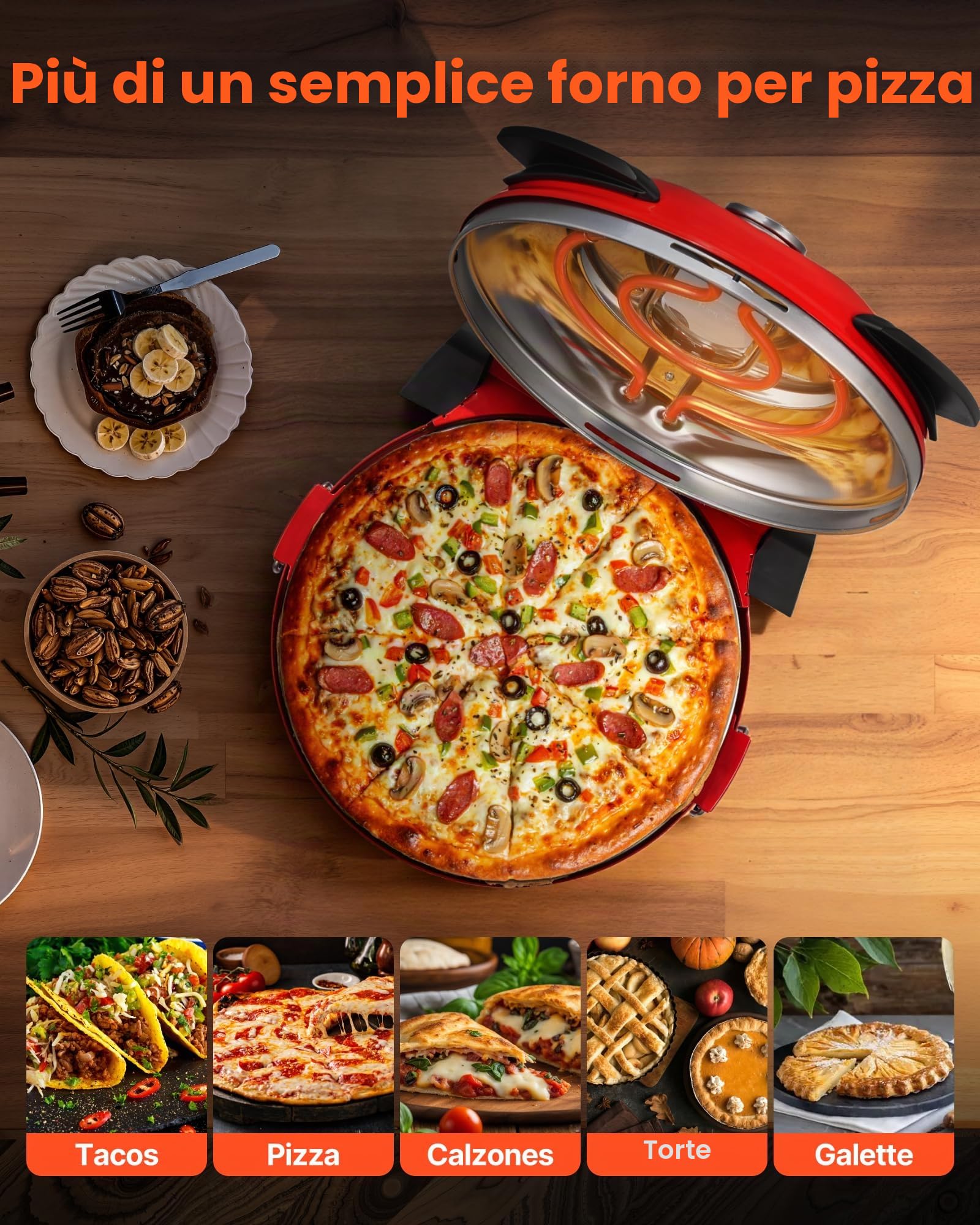 VEVOR Forno Elettrico per Pizza da 30,48 cm, Cuoci Pizza Elettrico per la Casa 1200 W con Pietra in Cordierite, Temperatura a 5 Modalità, Finestra di Visualizzazione, Riscalda Fino a 420 °C, Rosso