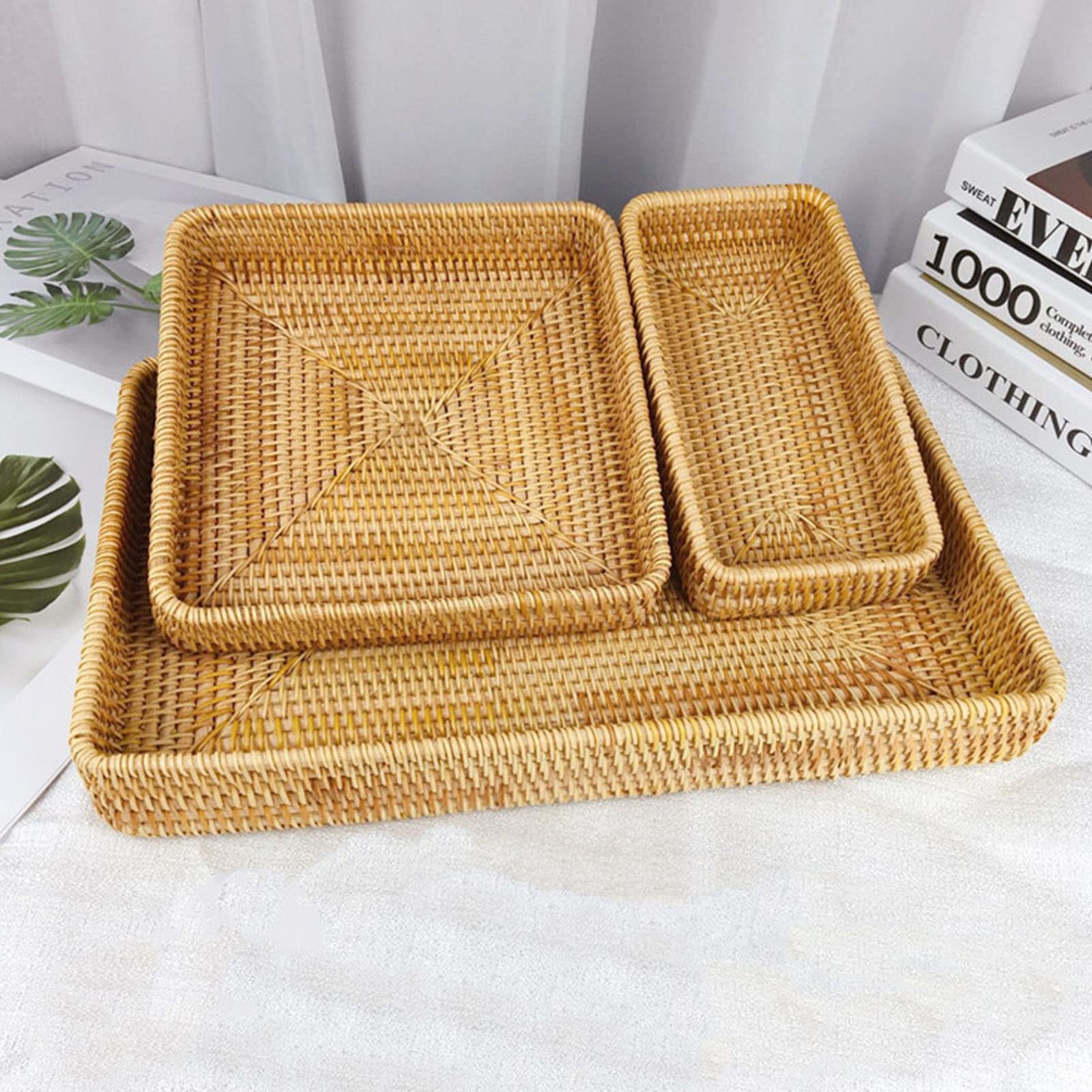 Bandeja de Servicio de Ratán, Bandeja Tejida Rectangular Cesta de Mimbre Tejida a Mano Bandeja Organizadora Bandeja de Ratán Organización de Mesa Cesta de Almacenamiento de (Juego de 3 Piezas.)