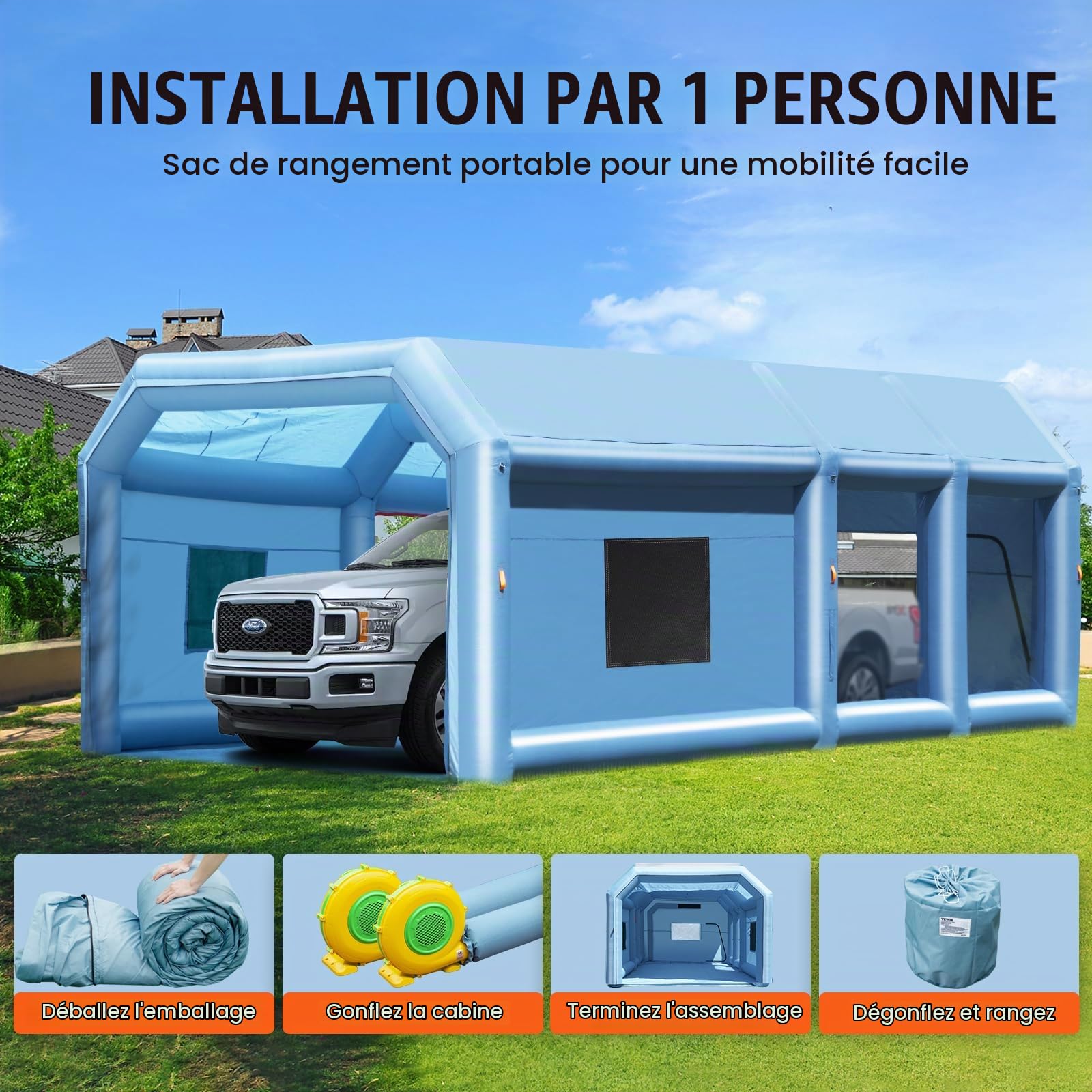 VEVOR Cabine de Peinture Gonflable 9x4,8x3,6 m, Tente Peinture Gonflable Automobile avec Souffleurs Puissants de 950 + 750 W et Système de Filtration, Station de Travail pour Pose de Peinture Atelier