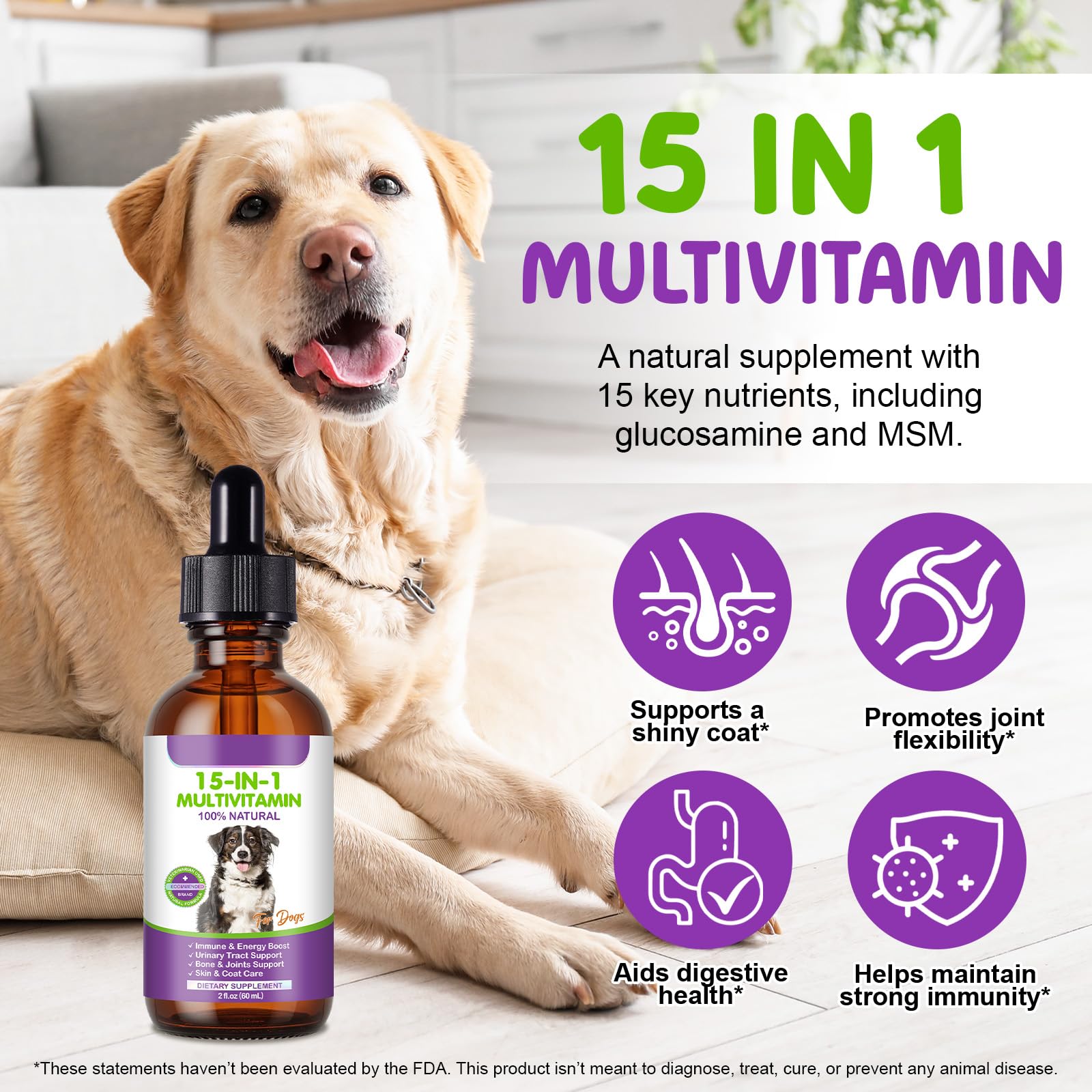 Dog Multivitamin Drops, 15 in 1 Multivitamin Liquid for Dog with Vitamin C-20 Mg, Vitamin D-100 Iu & B1-3,Dog Health Supplements for Skin Care, Joints & Hips,Gut - image 3