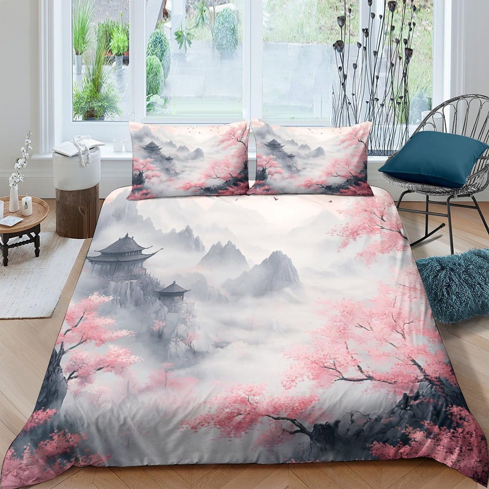 Ctjqhvkz Style-2 3D Printed Sakura Mist Fitted Sheet Microfiber Soft Breathable Mountain Landscape Bed Cover For Bedroom Decor Single（135X200cm）