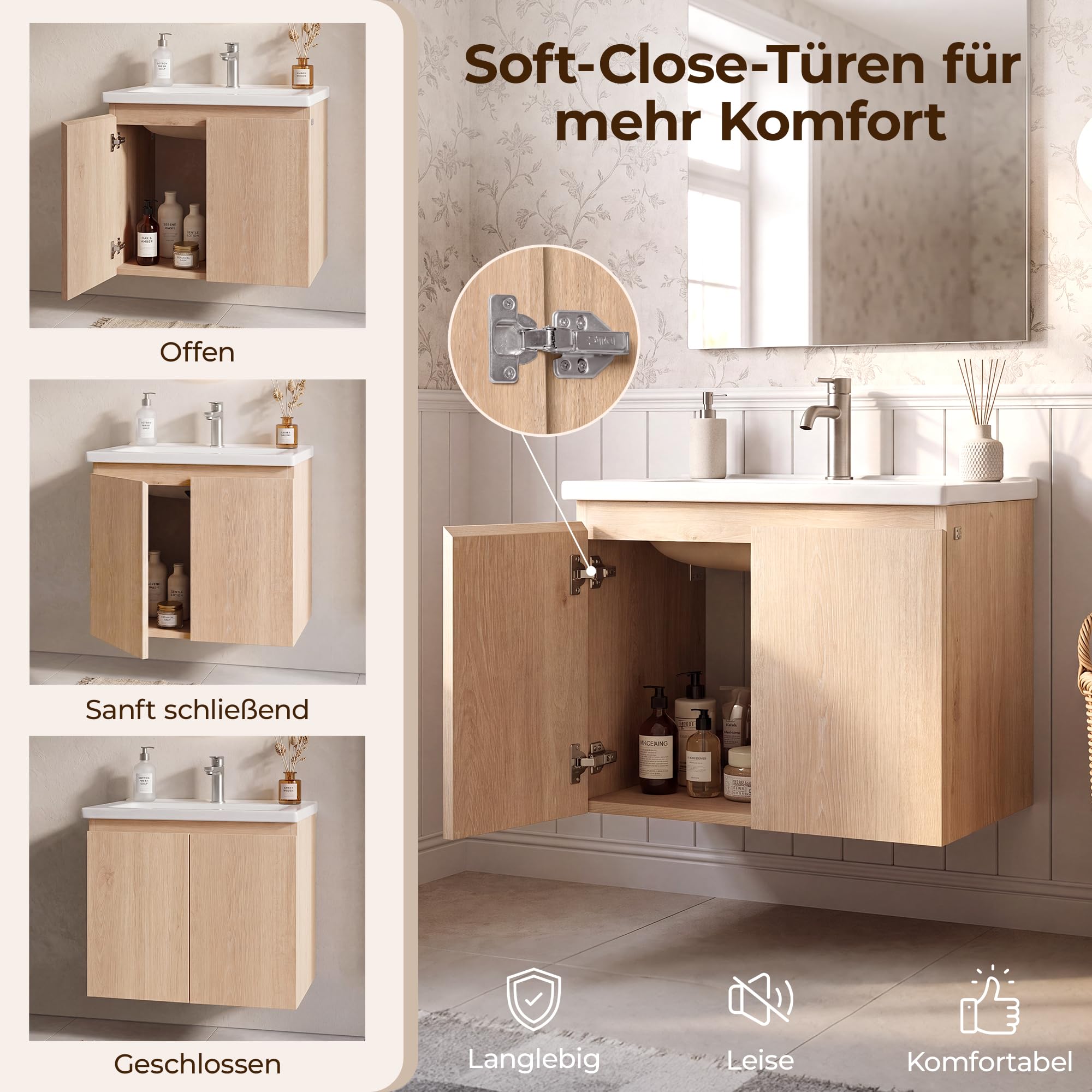 Waschbecken mit Unterschrank 60 cm, Hängend, Wandmontiert, Soft-Close | Handgefertigte Details, Keramikbecken, Soft-Close-Türen, versiegelte Kanten und Stauraum für kleine bis mittelgroße Bäder.