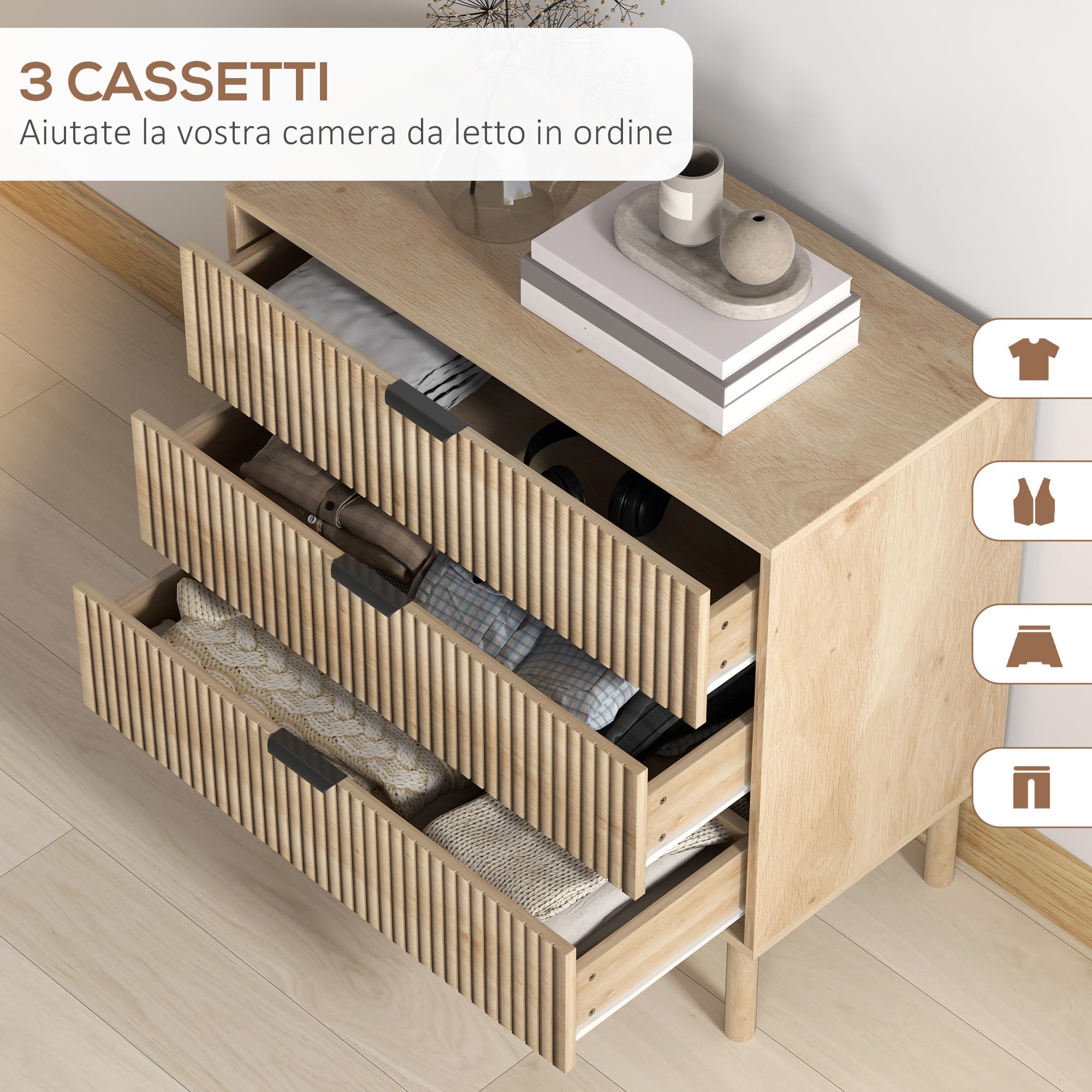 HOMCOM Cassettiera Camera da Letto 3 Cassetti, 80x40x77.5 cm, Rovere | Comò Camera da Letto Moderno con Gambe, Cassettiera Salvaspazio, per Soggiorno