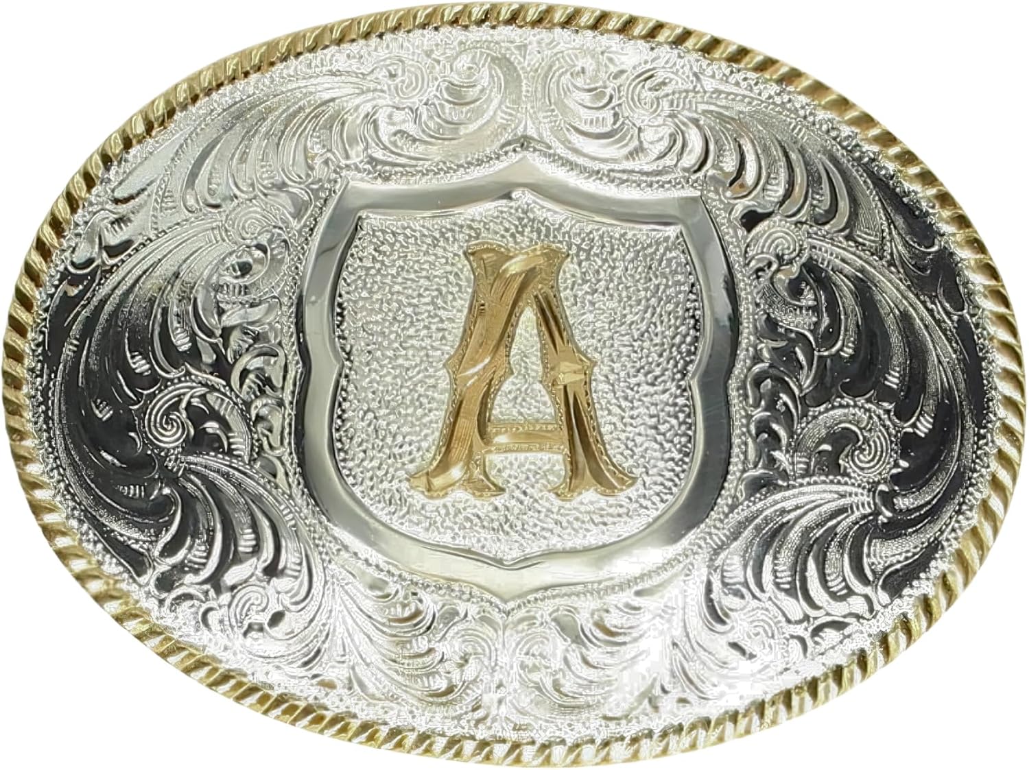 Crumrine Personalized Initial Buckle, Shiny Silver and Gold with Rope Edge