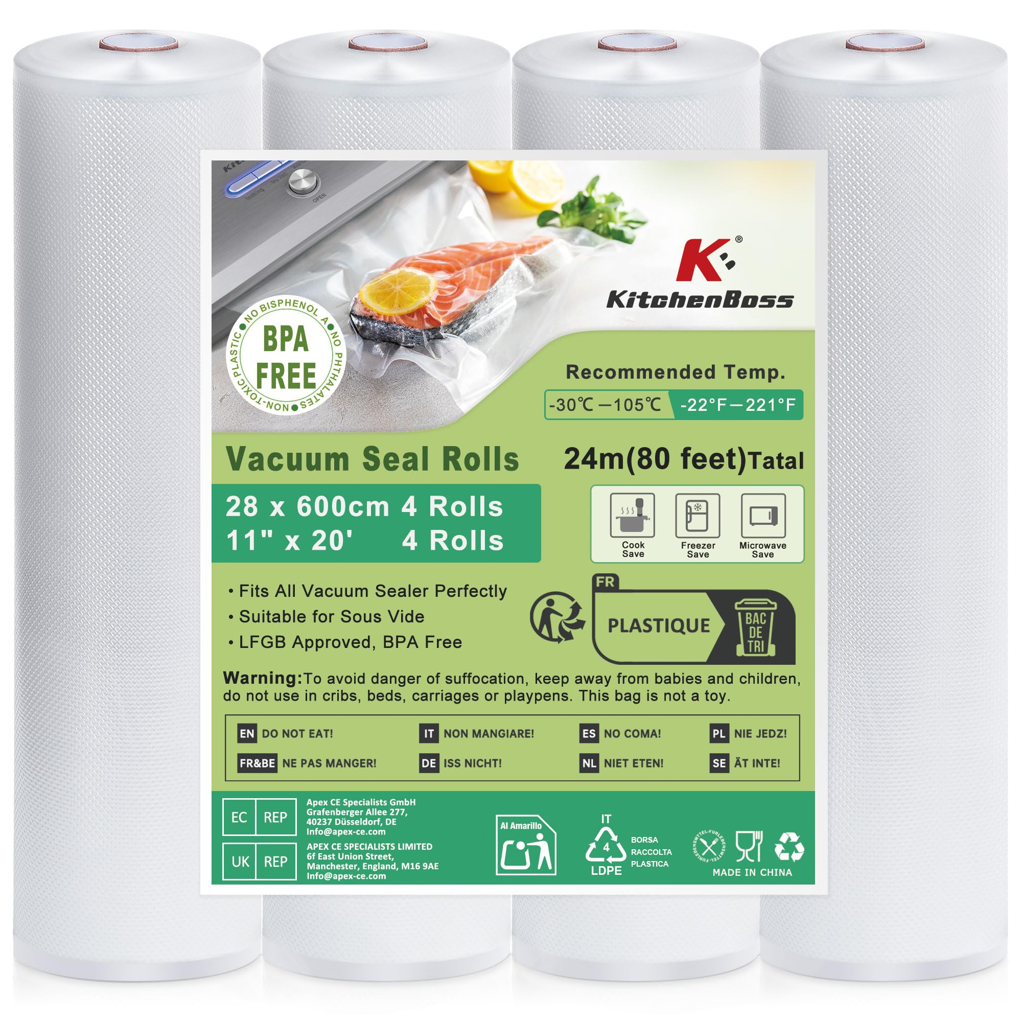 KitchenBoss Vacuum Film Vacuum Sealer Bags: 28 x 600 cm 4 Rolls Vacuum Bags Food