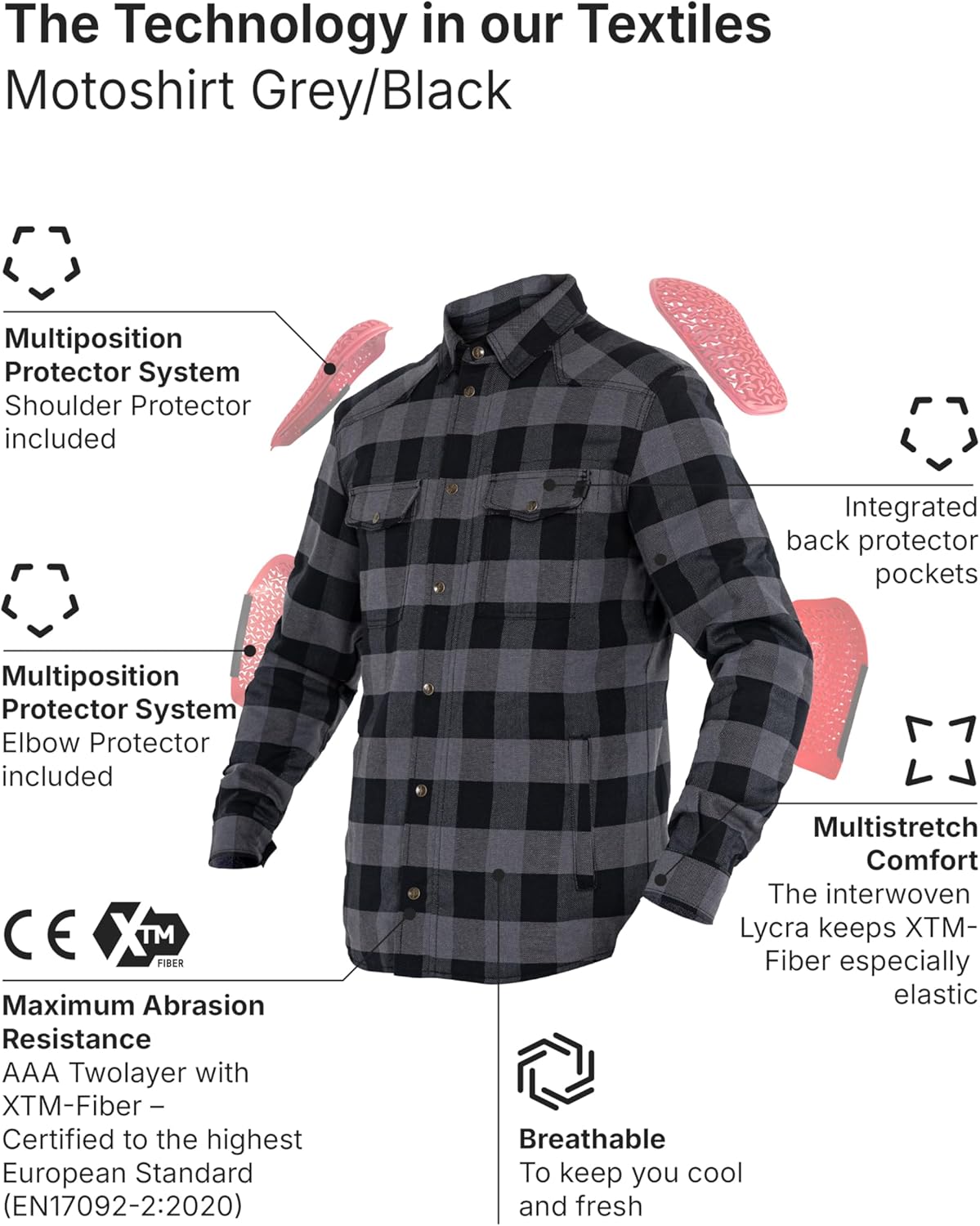 John Doe Motoshirt Flannel Biker Shirt for Men - Protective Riding Shirt with XTM-Fiber Lining - Grey/Black
