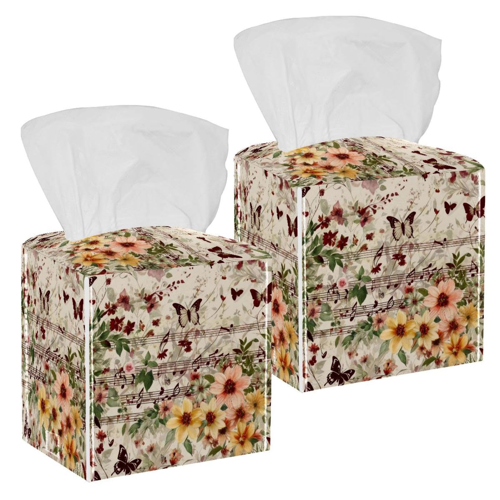 Music Notes Floral Tissue Box Cover, 2 Pack PU Leather Square Facial Tissue Dispenser Box holder for Home Office Car