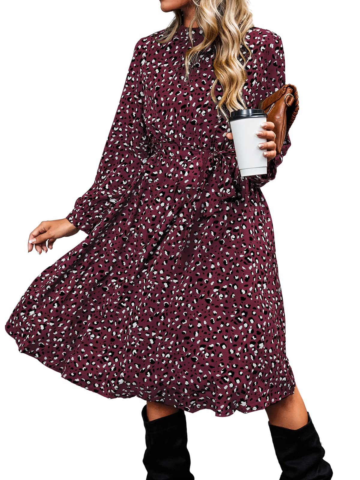 CUPSHE Women's Dress High Collar Long Sleeve Animal Print Leopard Waist Lacing A Line Casual Dresses Knee-Length Party Dress