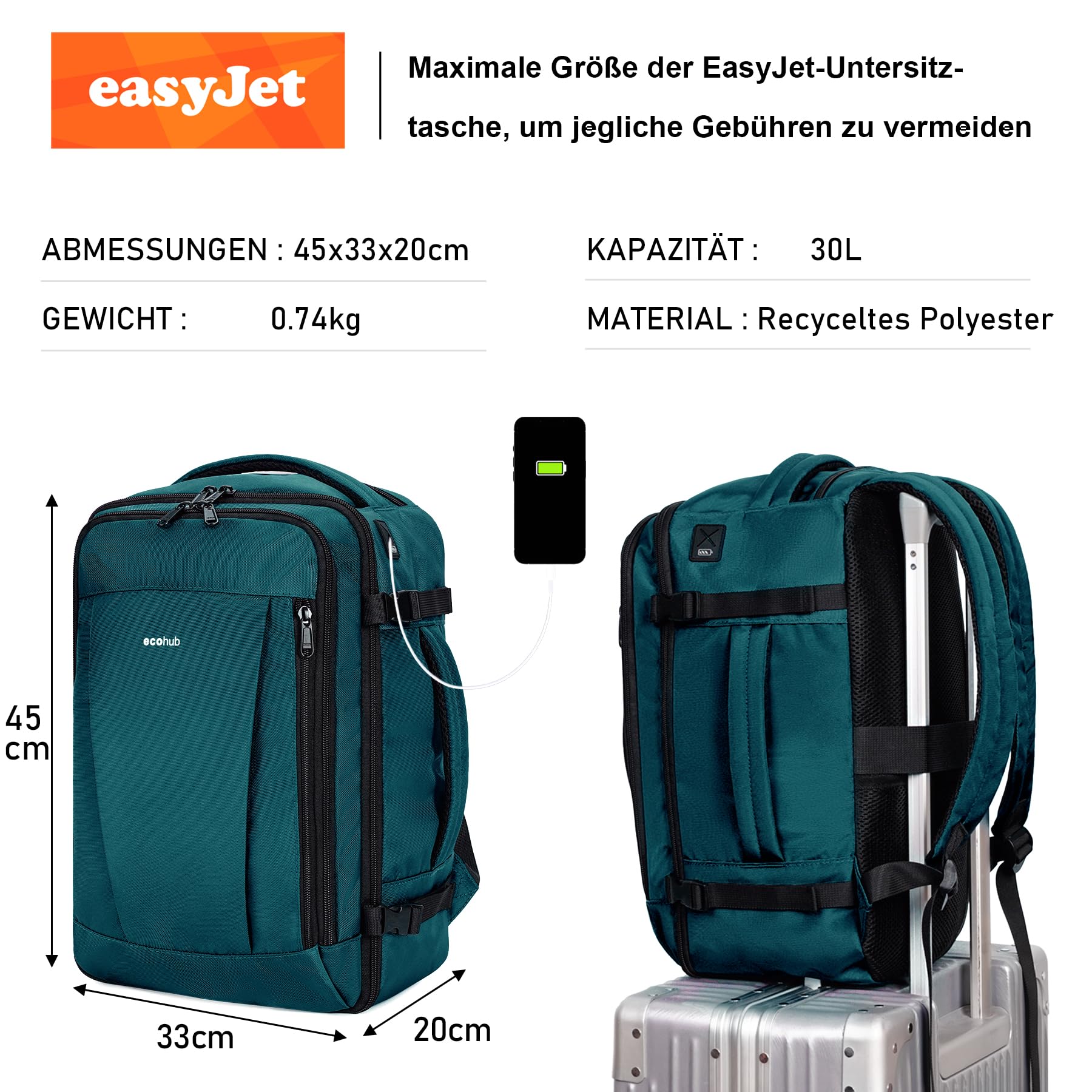 ECOHUB 30L Zaino Bagaglio a Mano, Zaino Easyjet 45x36x20, Sottosedil Zaino da Viaggio Aereo con 13 Tasche, PET Riciclato Grande Borsa da Cabina da Cabina per Uomo Donna, Brevettato(Blu Verde)