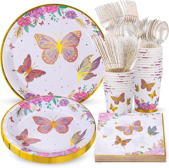 Atonofun Butterfly Birthday Party Supplies, Butterfly Party Plates, Cups, Napkins and Cutlery, Butterfly Party Decorations for Baby Shower, Birthday, Butterfly Fairy Themed Parties Serves 24