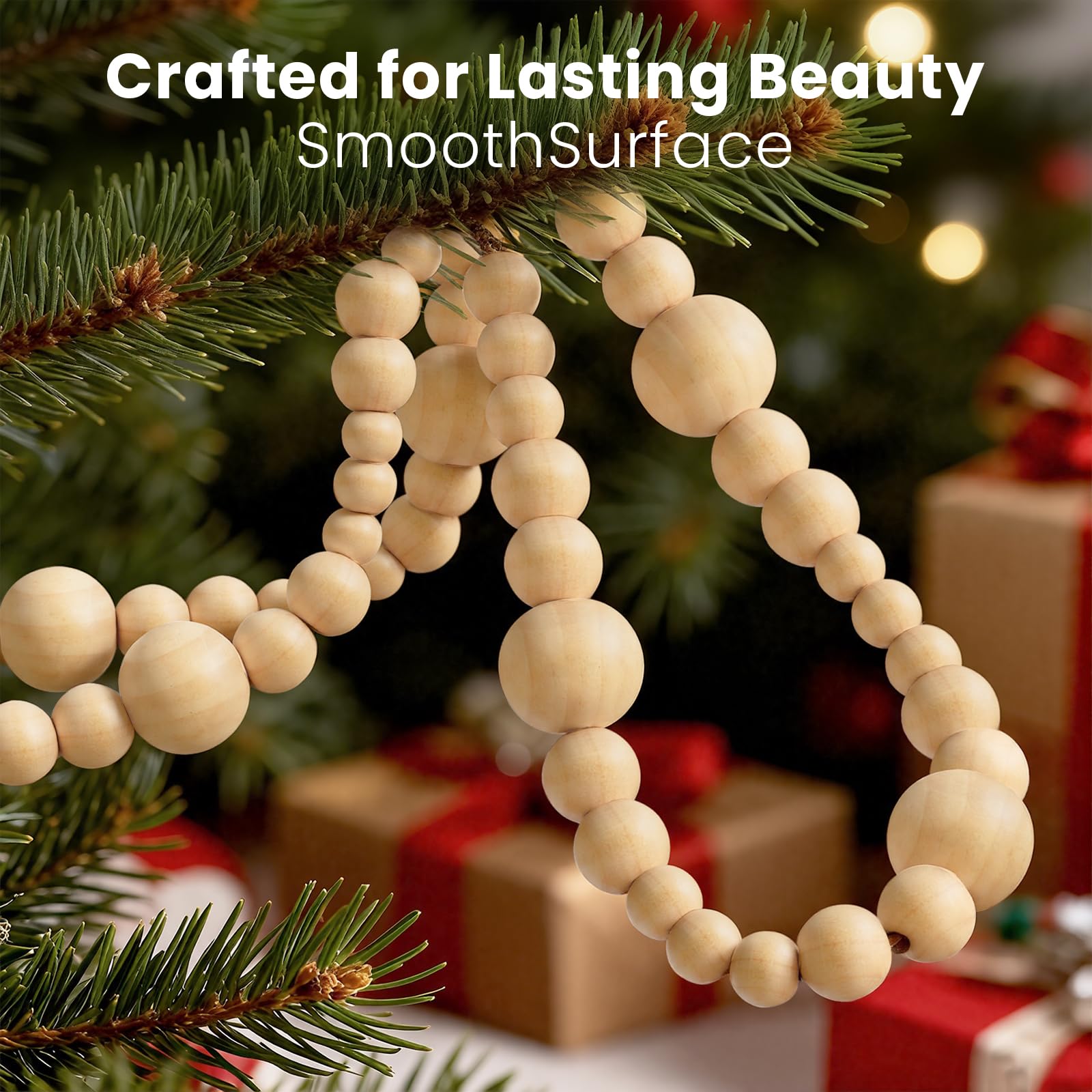 Lot de 2 guirlandes de perles en bois de Noël de 4,3 m - Décorations de style bohème pour sapin de Noël - Style rustique - Style rustique - Perles rondes - À suspendre au mur - Décorations de vacances