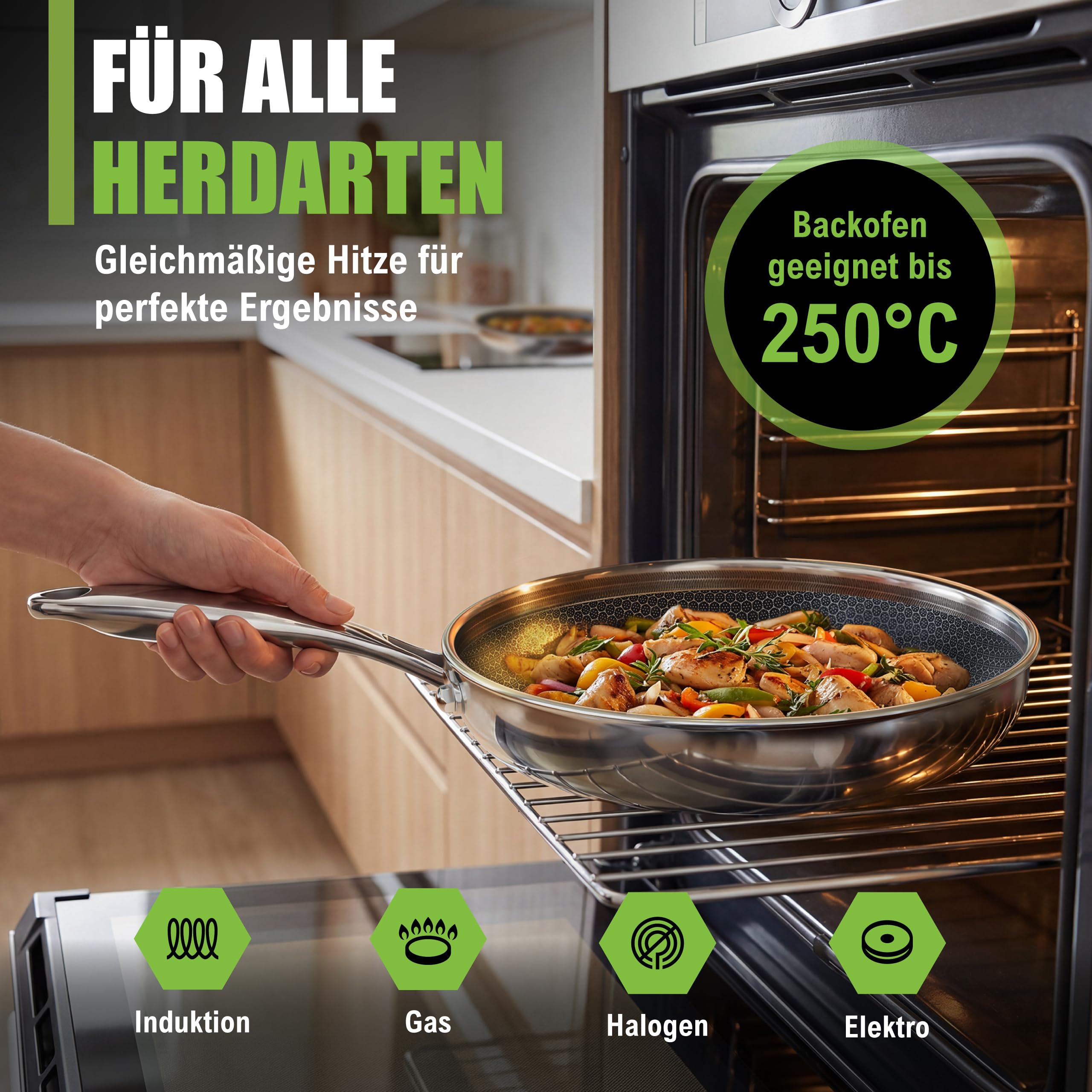 Kratzfeste Wabenpfanne 28cm | Keramik Edelstahl Mix | PFAS & PTFE Frei| 5-Schicht - 3mm -1,35 kg | Premium Bratpfanne für Induktion | Backofenfest & Spülmaschinenfest