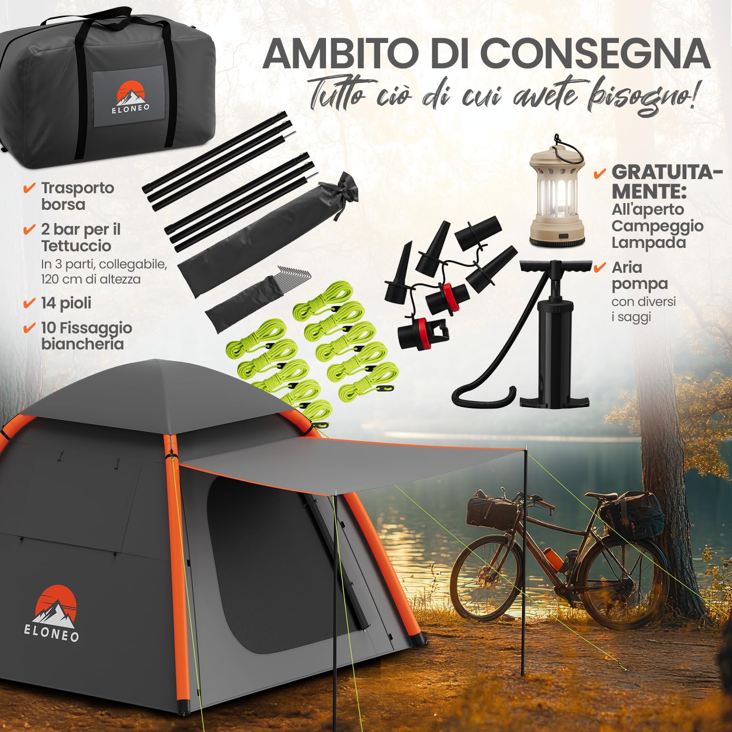 ELONEO Tenda gonfiabile con baldacchino e pompa d'aria, tenda da campeggio impermeabile, tenda ad aria ultraleggera, tenda gonfiabile, tenda glamping con luce LED gratuita