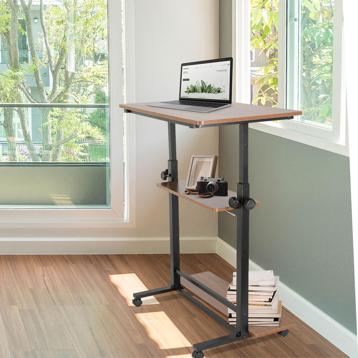 hjh OFFICE Stehpult höhenverstellbar Workstation II 80x50 cm Mobiler Computertisch mit Rollen, Laptoptisch, Schwarz/Walnuss 830070