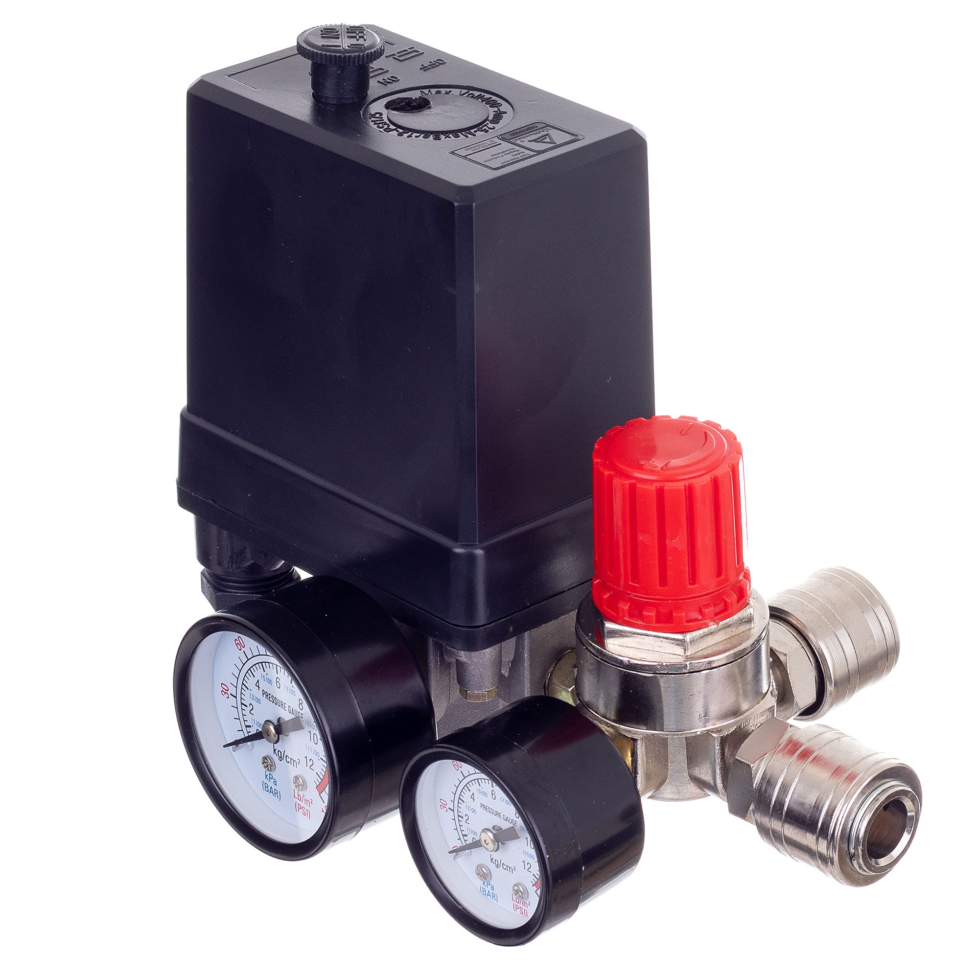 TC TECHNIC Druckregler 400 V mit Druckschalter, Mit 2 Messanzeigen von 0 bis 12 bar, Innengewinde 1/4", Druckschalter für 400V Kompressor, Druckminderer, Mit Schnellkupplungen, Abschaltautomatik