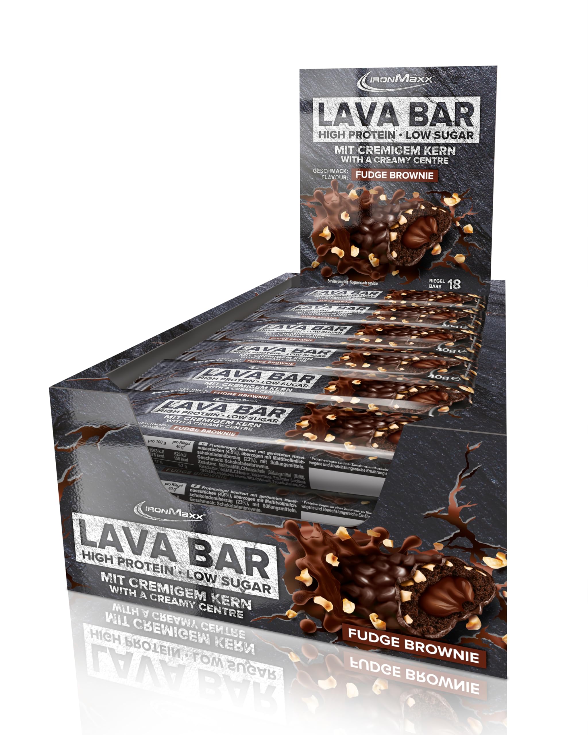 IronMaxx Lava Protein Bar - Fudge Brownie - 18x40g | High Protein Riegel mit cremigem Kern & Erdnuss-Karamell-Topping | Zuckerarm & ohne Palmöl