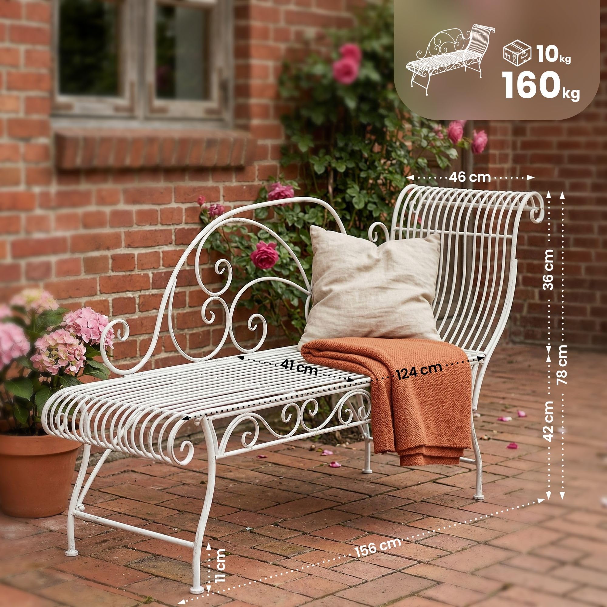 CLP Banc de Jardin Karma Style Art Nouveau avec Ornements, Chaise Longue extérieure capacité 160 kg Couleur Blanc Antique