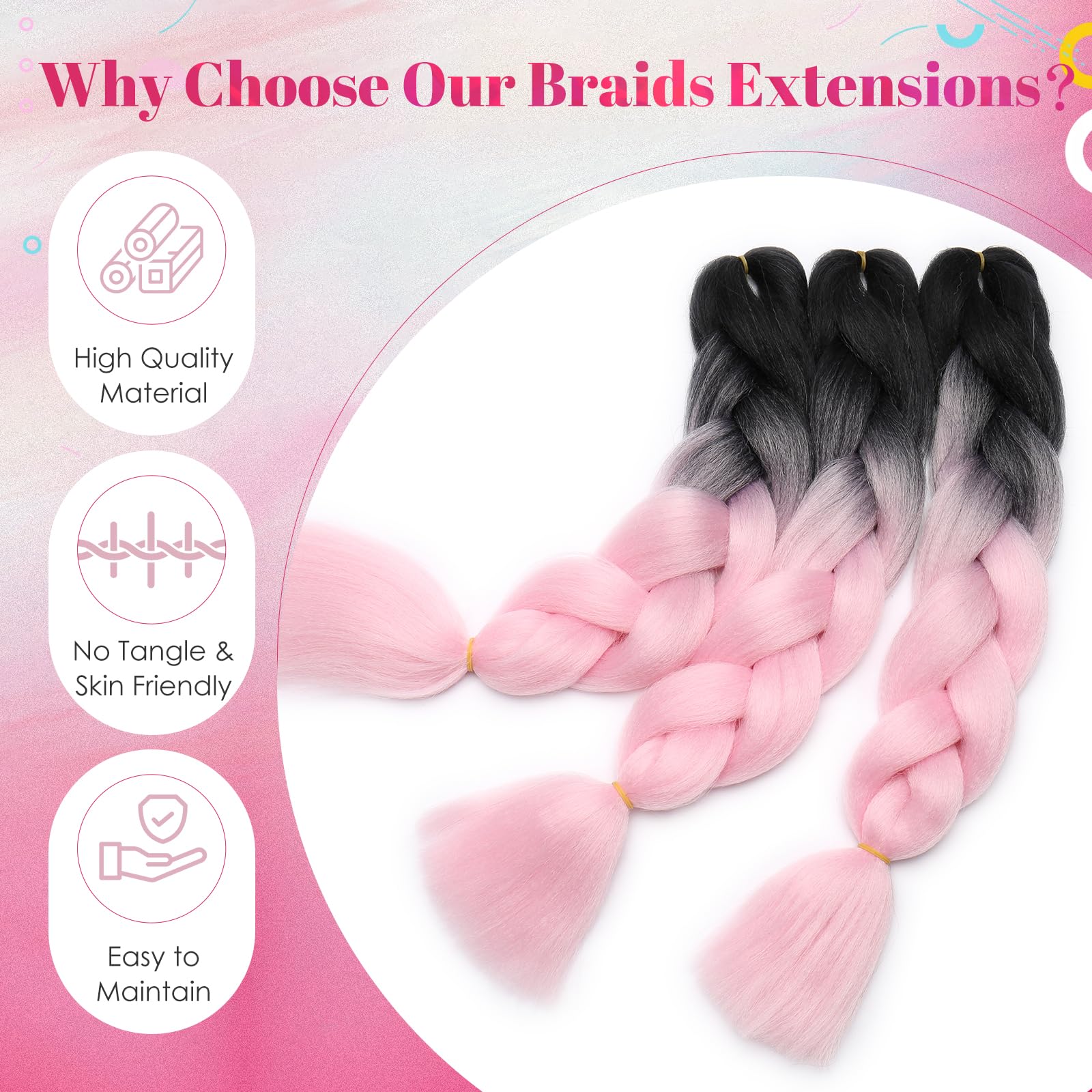 Benehair Braid Extensions 24 Inches Ombre Jumbo Braiding Hair Colorful Synthetic Hair Extensions for Braiding Hair Extensions for Women(Black/Pink - Image 4