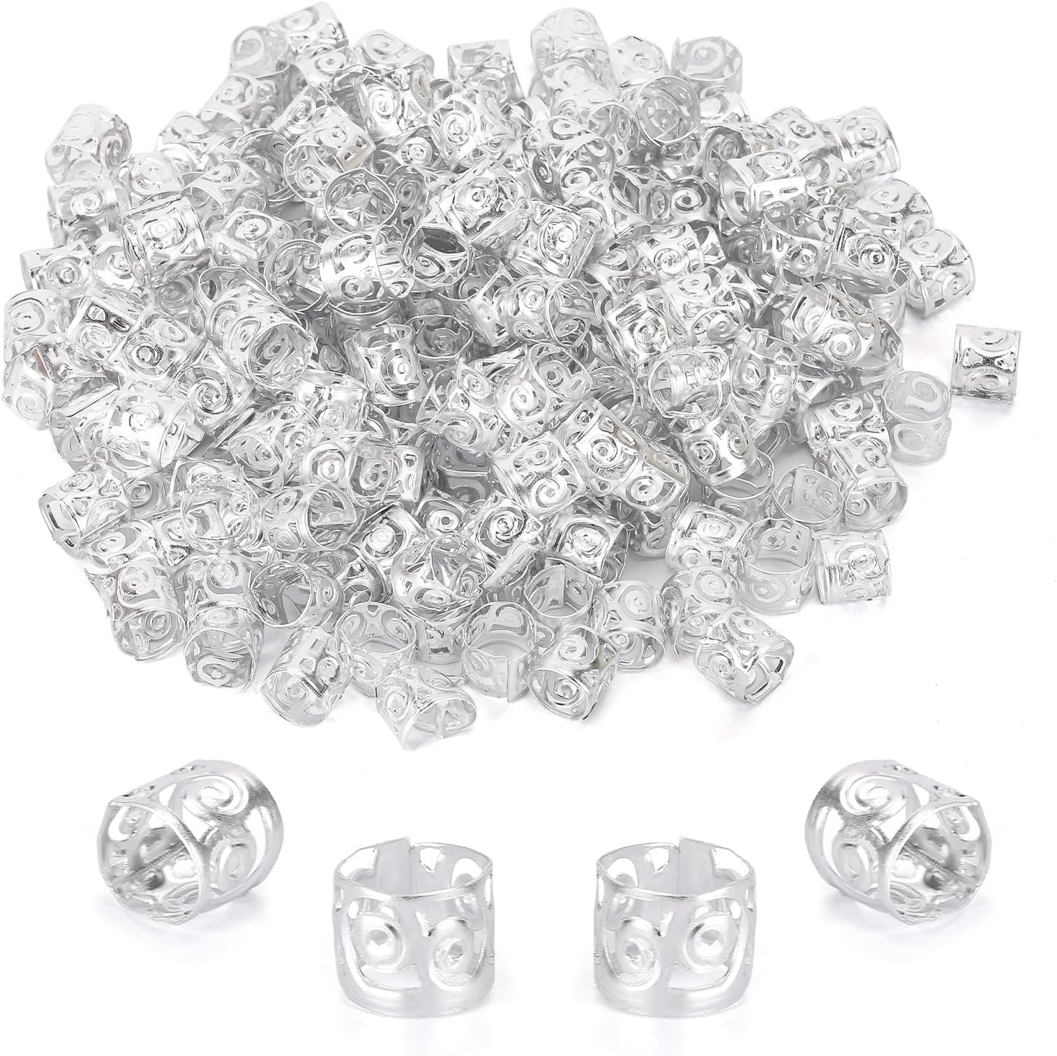 200 Pcs Dreadlocks Beads Hair Braid Rings Clips Dread Locks Hair Braiding Metal Cuffs Decoration Locs Accessories Silver