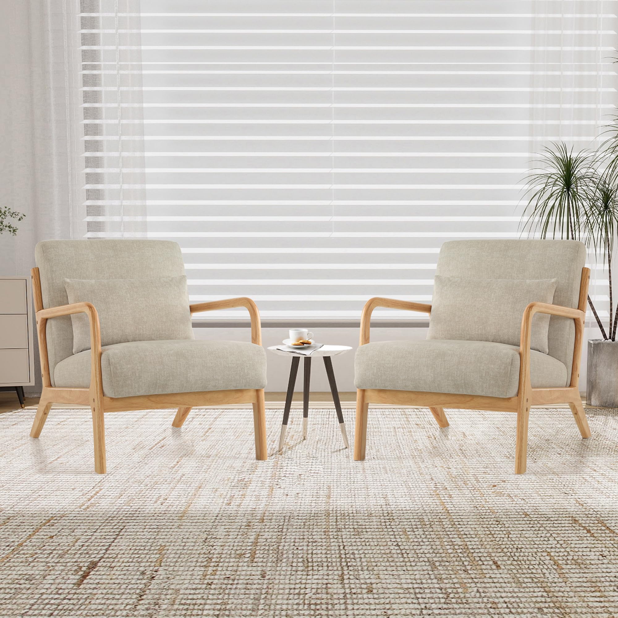 XH.Easy Go Modern Accent Chair Set of 2,Comfy Armchair with Pillow Wood Frame,Upholstered Mid-Century Reading Lounge Arm Chair for Living Room Bedroom,Lightgrey
