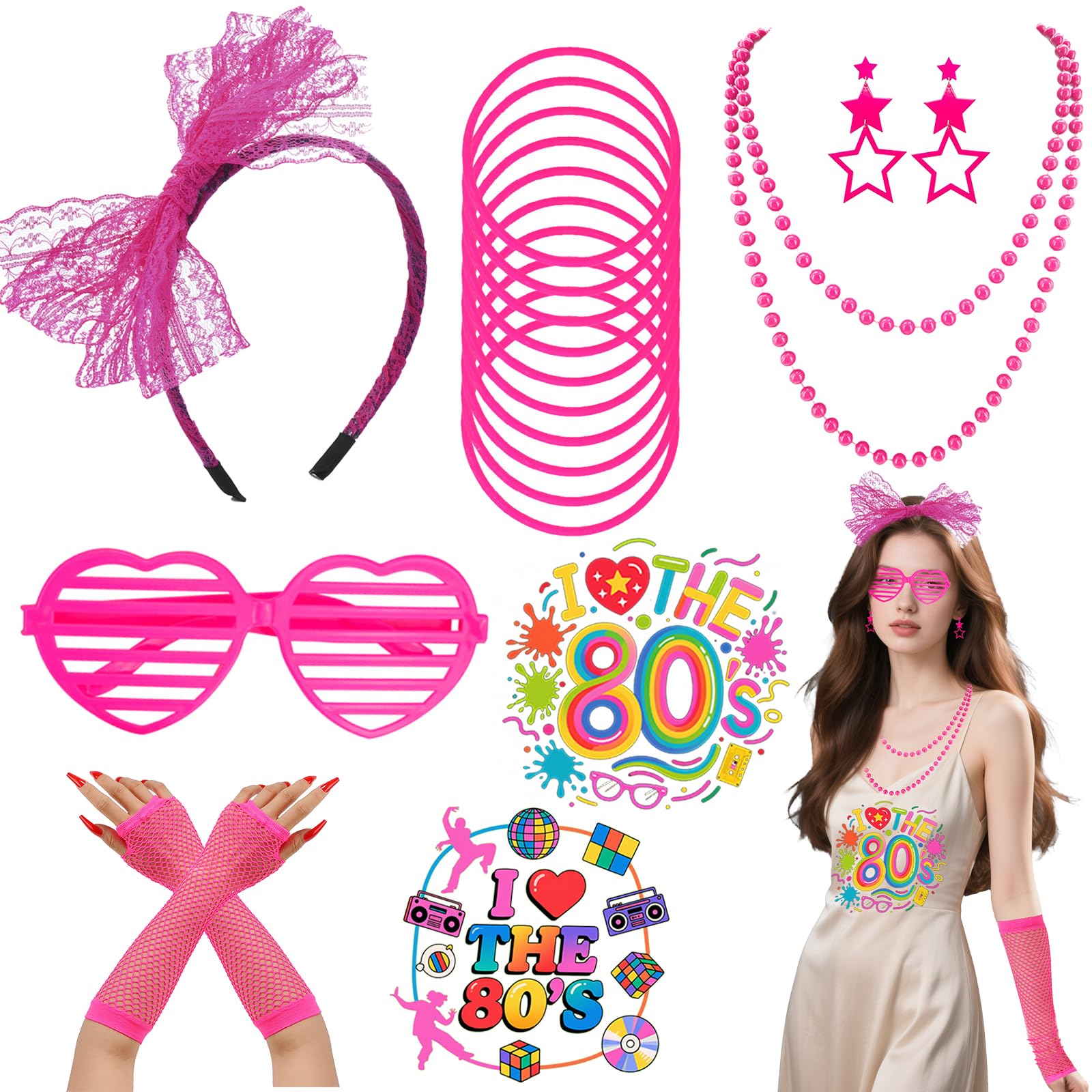 DONGZQAN 18 PCS 80s Fancy Dress for Women Fancy Dress for Adults Women 80s Accessories for Women Pink Neon Light Accessories With Earrings Bracelet From The 1980s (Pink)