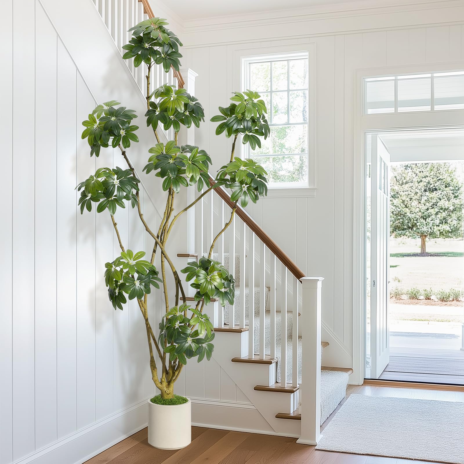 Garvee Künstlicher Schirm Scheffler Baum 210 cm, Künstliche Pflanzen Groß wie echt mit Stamm aus Naturholz, Kunstbaum Groß für Wohnzimmer, Schlafzimmer, Büro, Garten