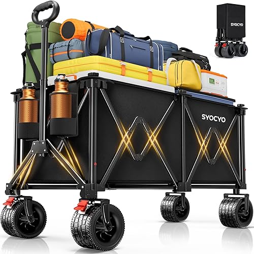 Collapsible Wagon Carts 550LBS Weight Capacity Foldable Beach Wagon with Big All-Terrain Wheels 330L Heavy Duty Utility Carts with Cup Holders for Camping, Garden, Sports, Grocery Black