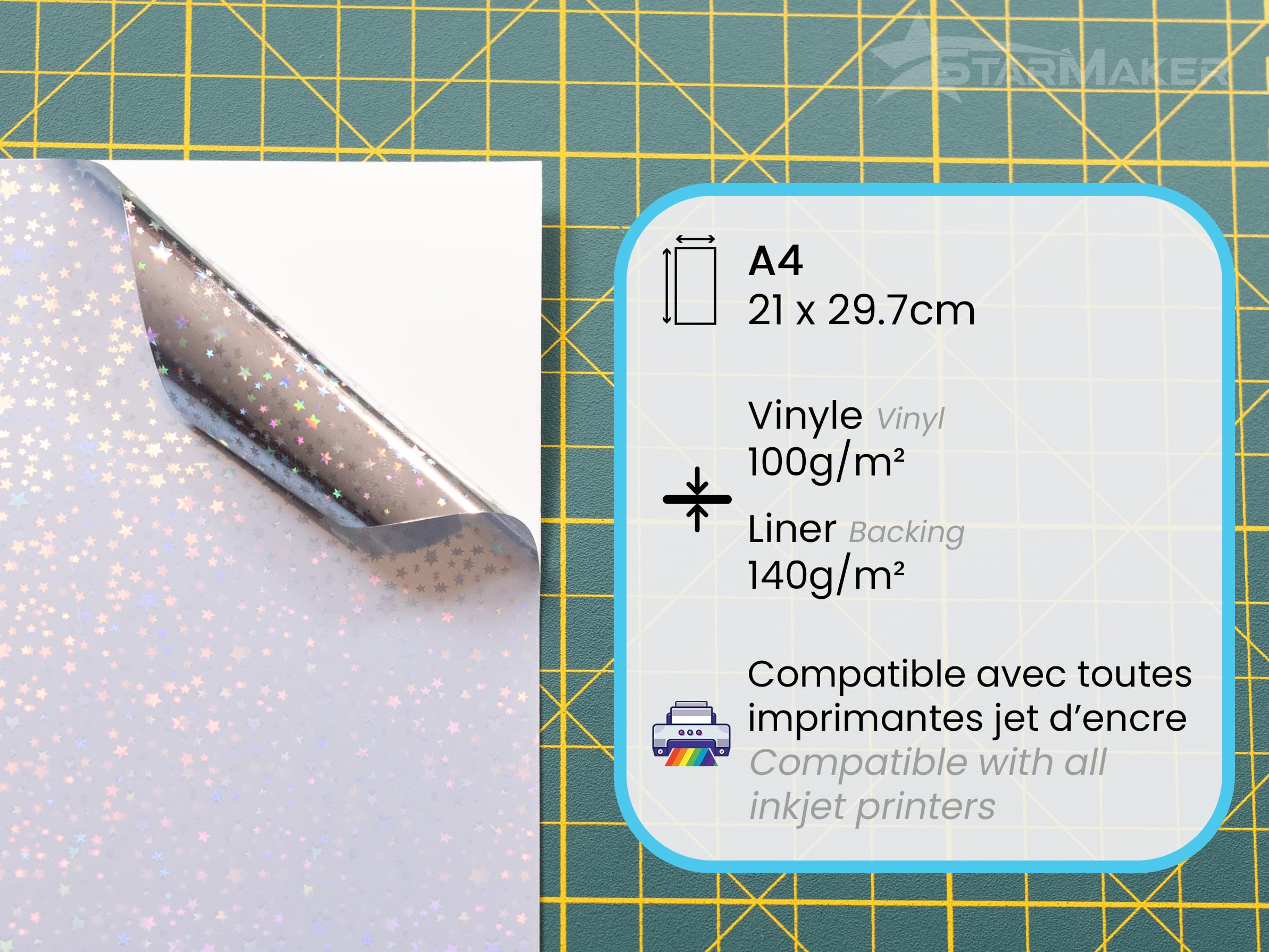 Papier adhésif vinyle holographique A4 10 feuilles, autocollant étanche pour imprimante jet d'encre et plotter