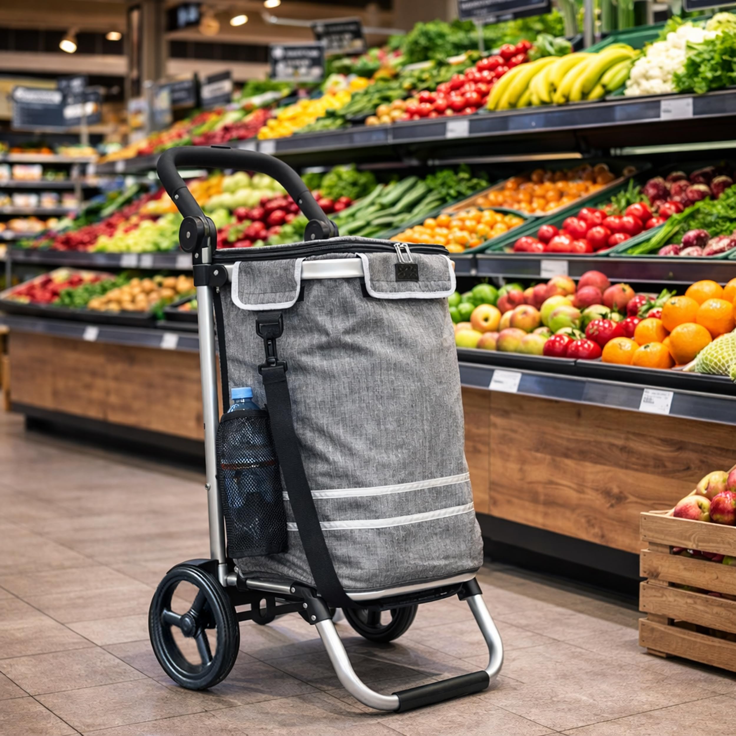 Faltbarer Aluminium Einkaufstrolley 57L (48L + 9L Kühlfach) Grau, 50kg Traglast, 35x45x98cm, Eva Leichtlaufräder Ø20,5cm, Klappbar, Als Sackkarre & Umhängetasche nutzbar, Einkaufswagen Haken