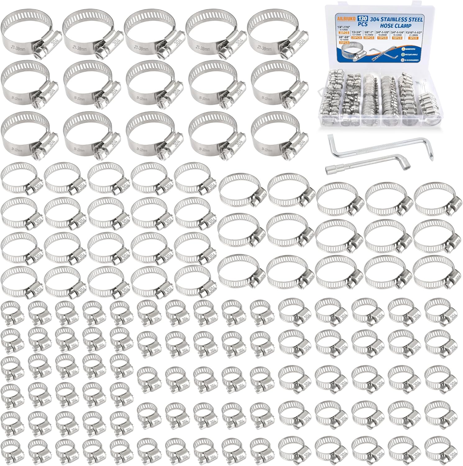 200 PCS Hose Clamp Assortment Kit 304 Stainless Steel Hose Clamps Adjustable 1/4"-2"(6-51mm) Worm Gear Clamps for Fuel Line, Plumbing, Automotive, Pipe, Radiator, Garden