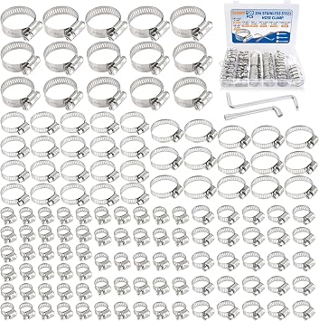 130 PCS Hose Clamp Assortment Kit 304 Stainless Steel Hose Clamps Adjustable 1/4"-1-1/2"6-38mm Worm Gear Clamps for Fuel Line, Plumbing, Automotive, Pipe, Tube, Radiator, Garden