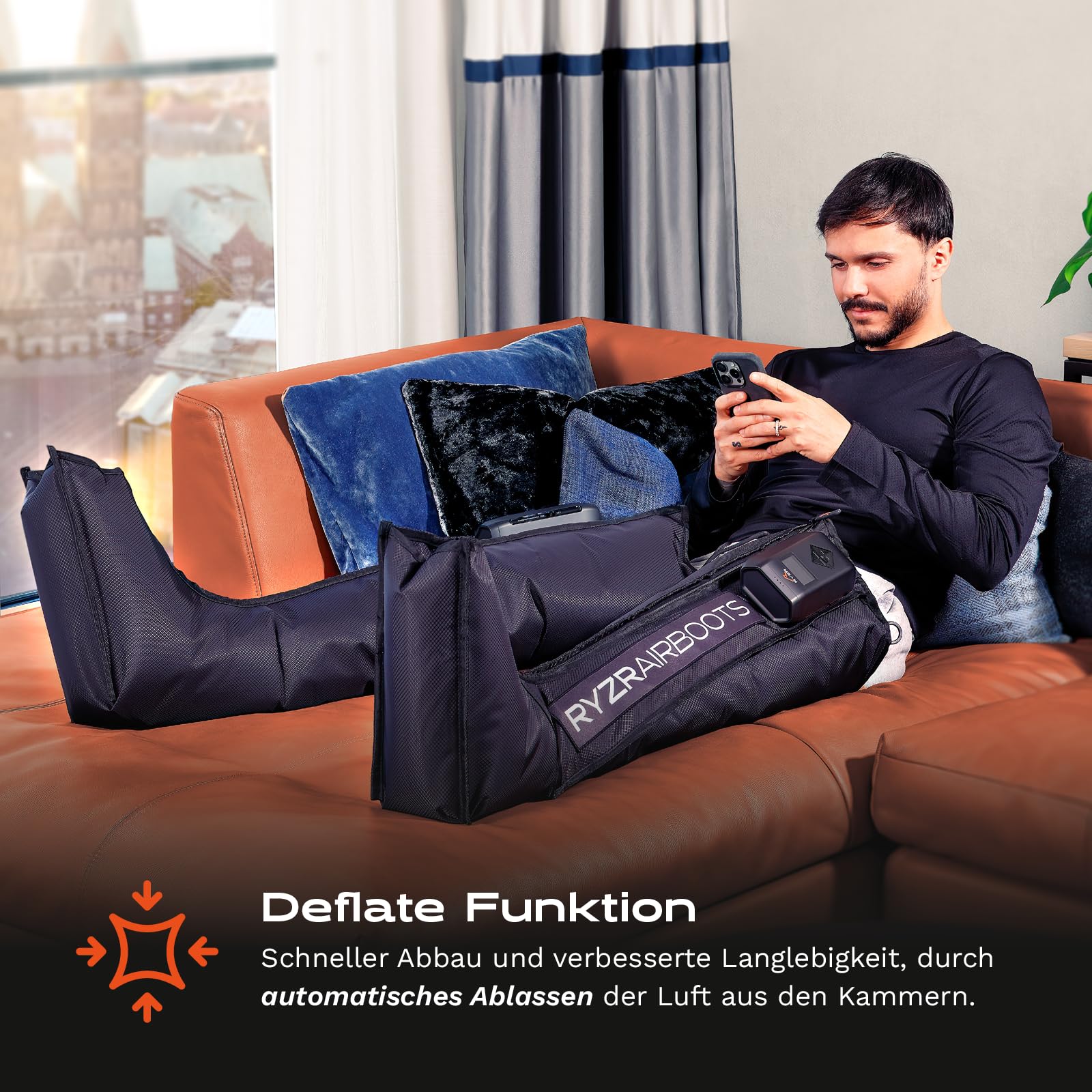 RYZR Airboots (XL) Kabellose Recovery & Kompressions Boots für Beine & Oberschenkel aus dem Profisport– 5-Kammer-System bis 180 mmHg, 5 Modis, Durchblutung, Lymphdrainage & Muskelregeneration