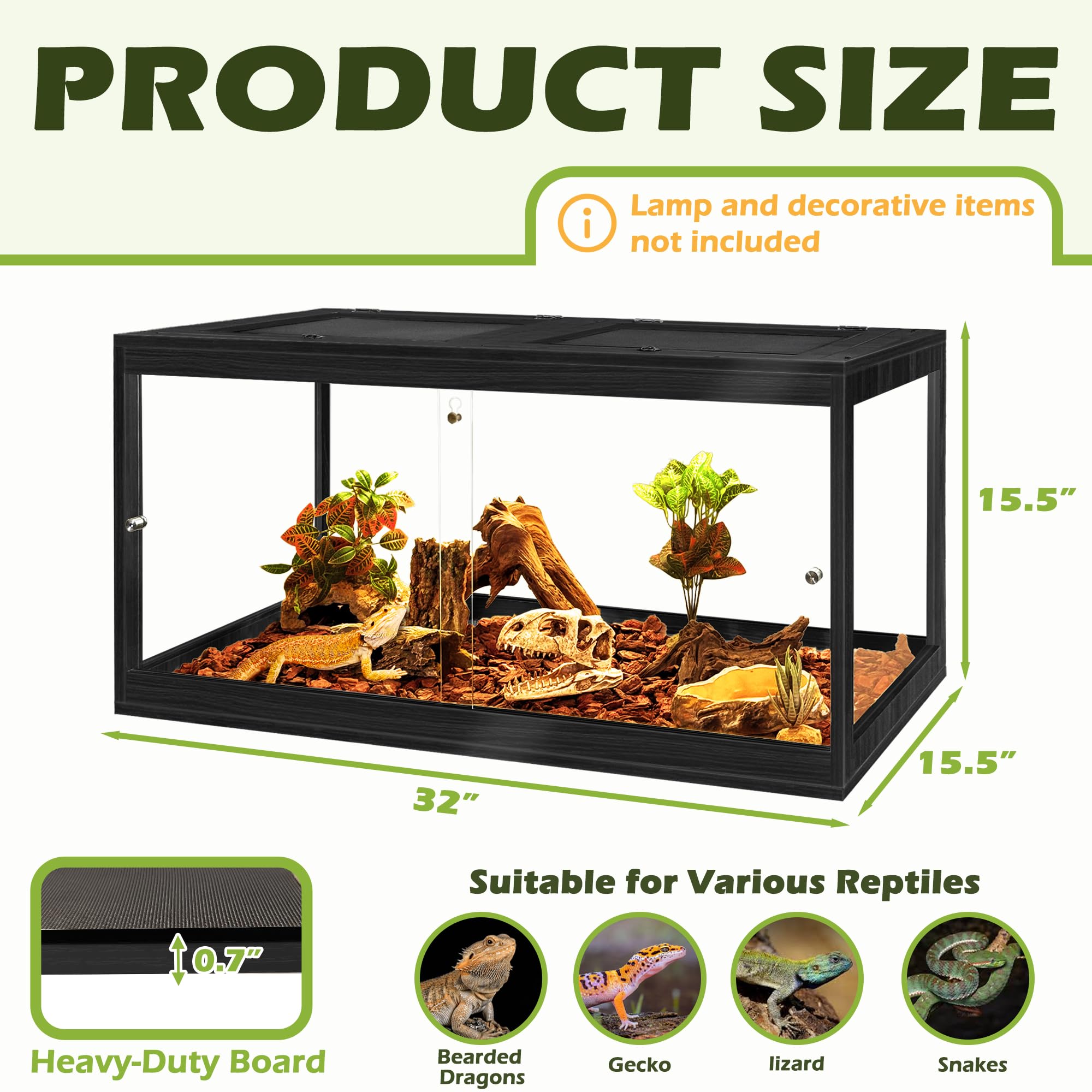 PROLEE Tanque de dragón barbudo de 35 galones, 32 x 16 x 16 pulgadas, recinto para reptiles de vidrio templado con parte superior de malla de metal, puertas delanteras corredizas con cerradura